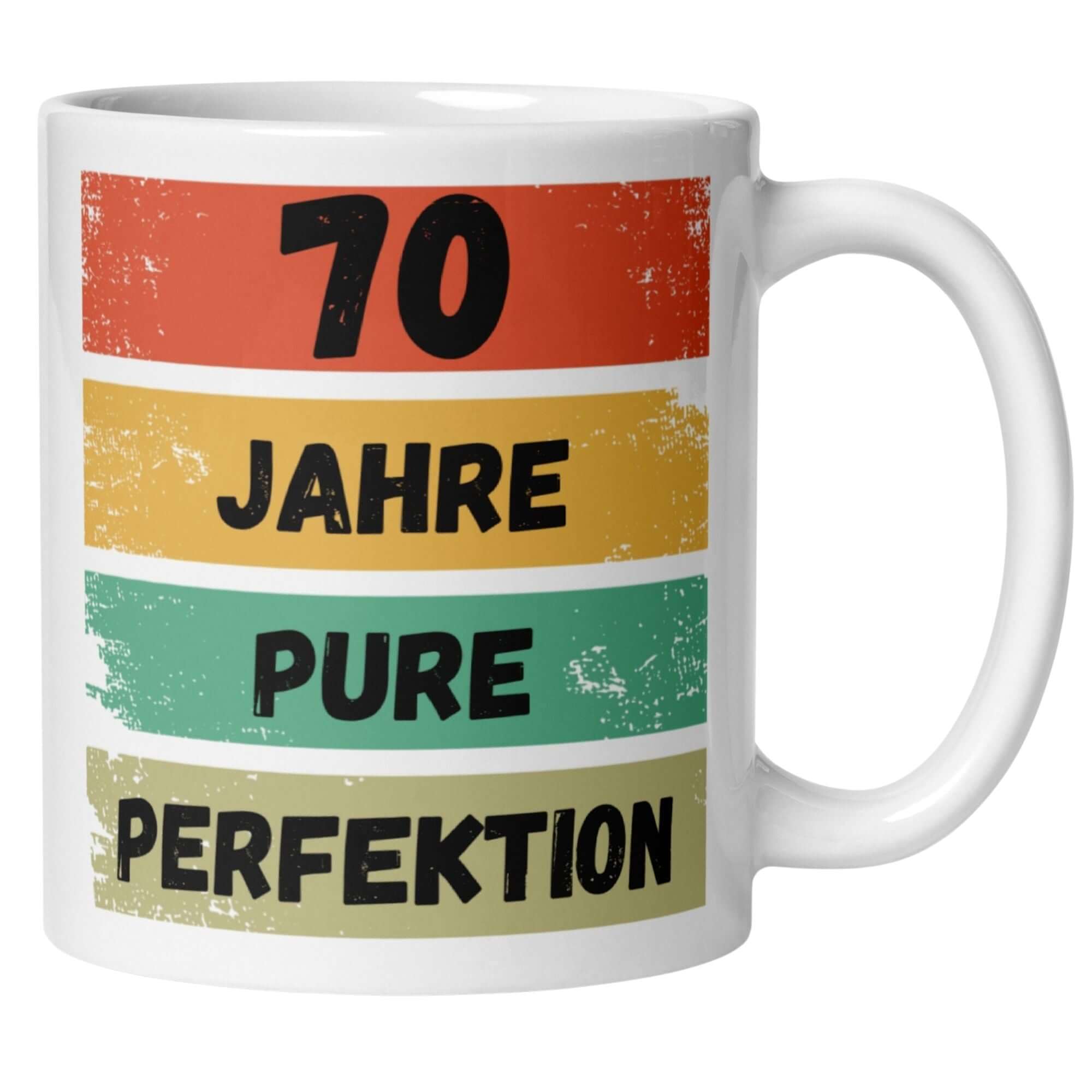 Momentals Tasse mit dem Spruch "70 Jahre pure Perfektion" im Vintage-Design für den 70. Geburtstag.
