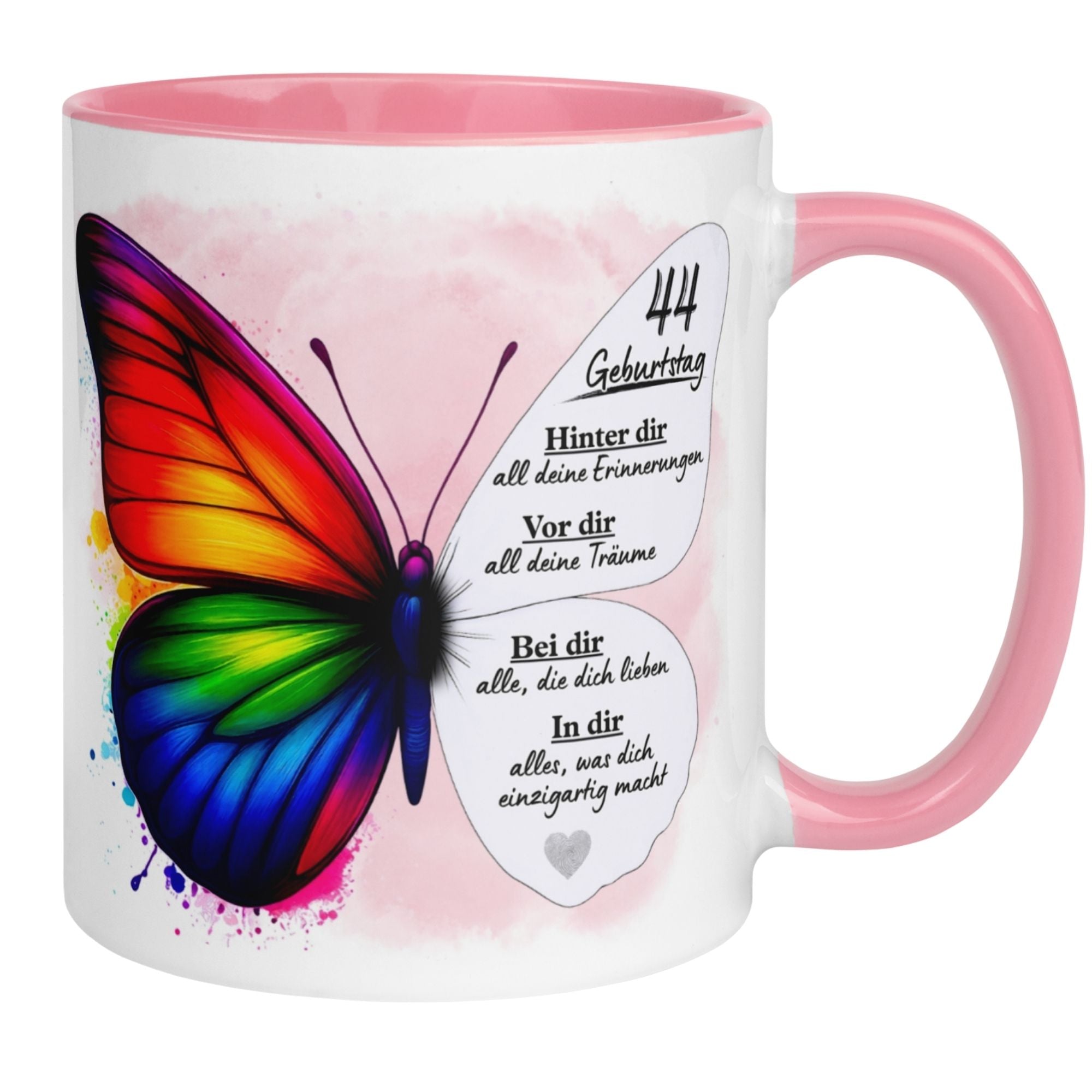 Bunte Geburtstagstasse für den 44. mit Schmetterling und liebevollem Spruch, ideal für Frauen.