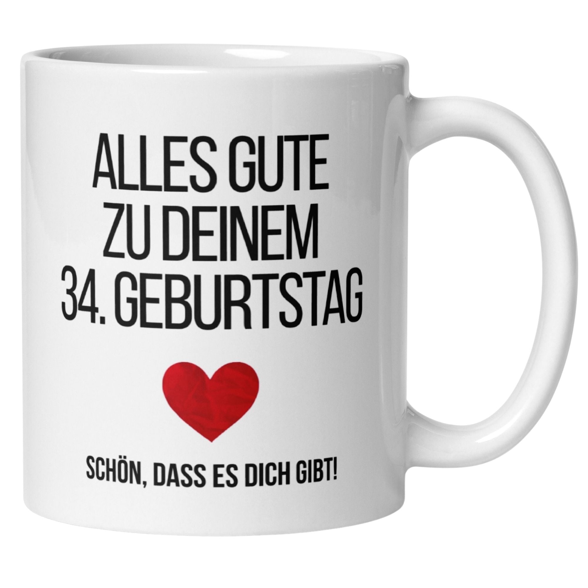 Momentals® Tasse für den 34. Geburtstag mit herzlicher Botschaft und rotem Herzmotiv.