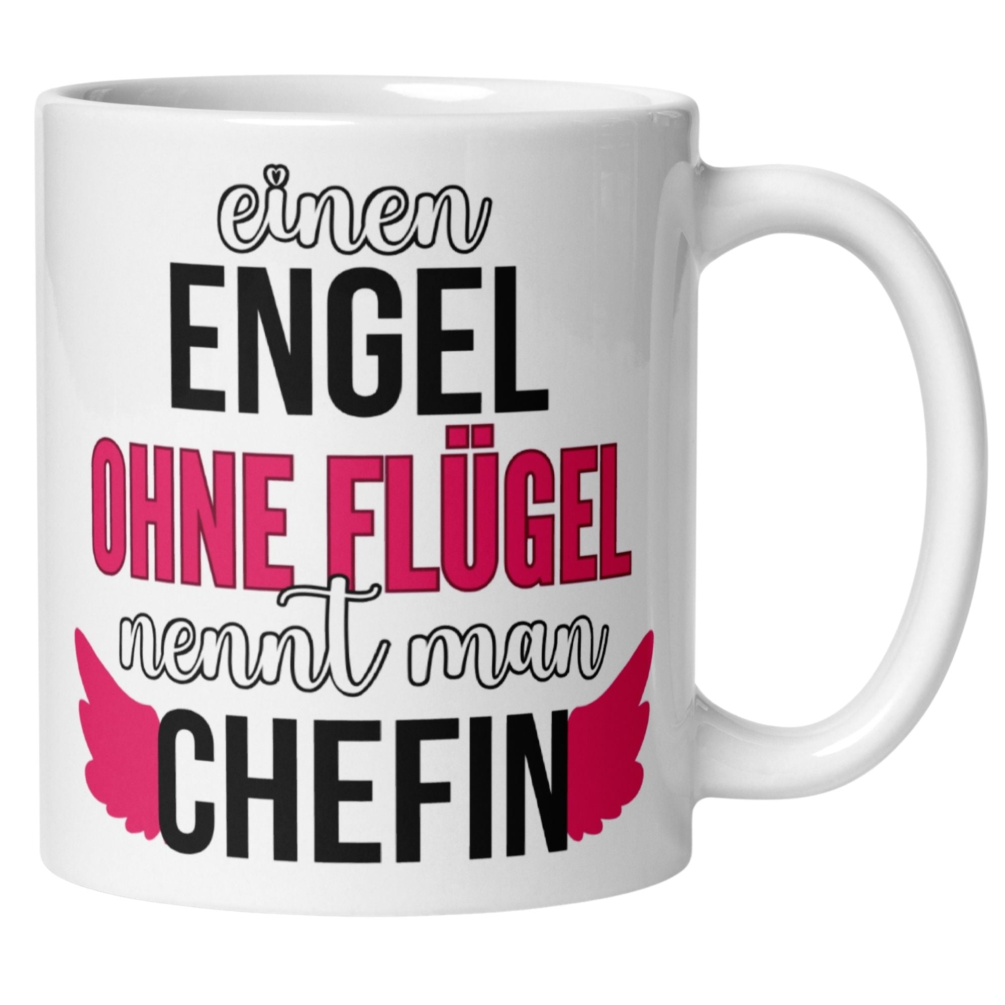 Momentals Tasse für Chefin mit Spruch 'Einen Engel ohne Flügel nennt man Chefin' und pinken Engelsflügeln.