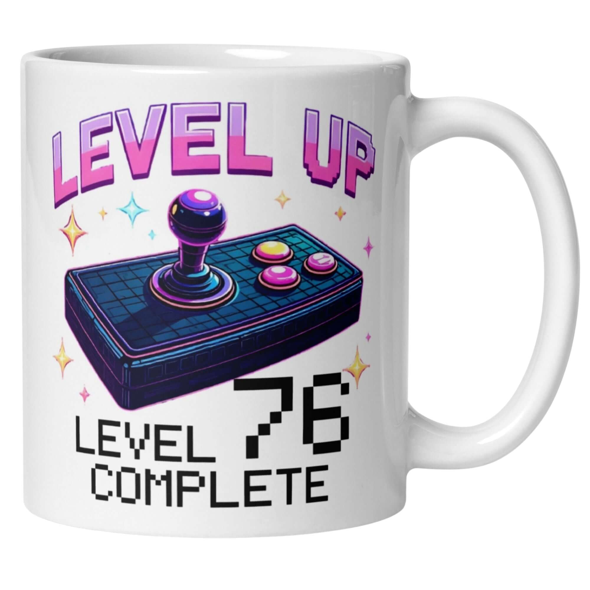 Bunte Tasse zum 76. Geburtstag für Gamer mit Joystick-Design und Spruch 'Level 76 Complete'.