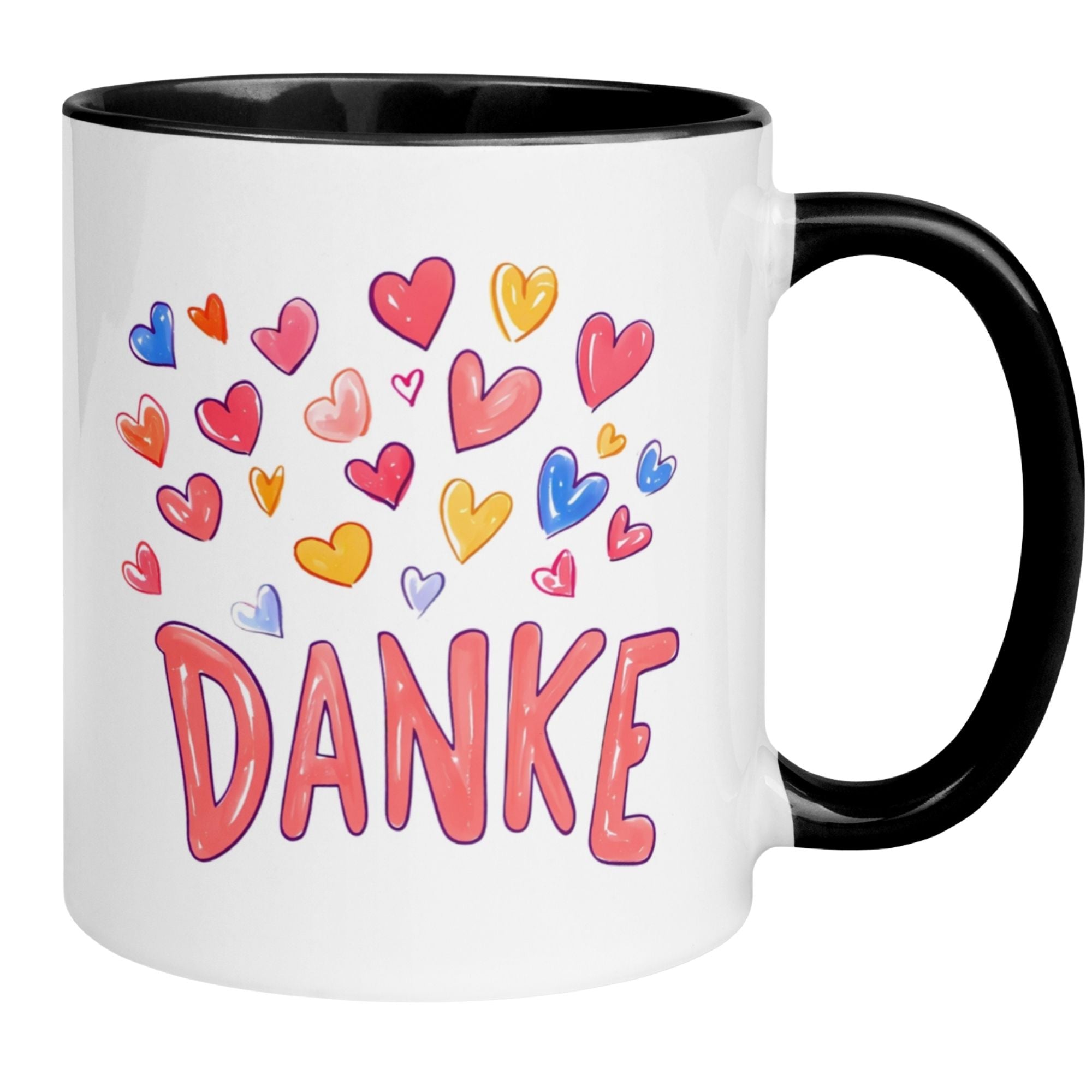 Momentals® Tasse mit bunten Herzen und dem Wort 'DANKE' für warme Wertschätzung.