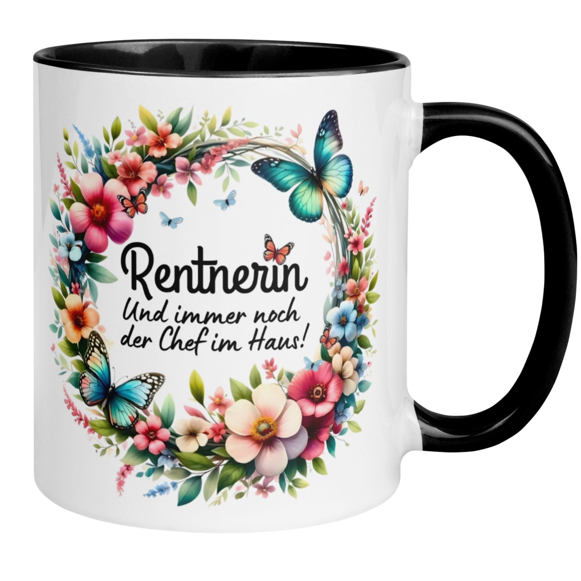 Momentals Tasse für Rentnerin mit buntem Blumenkranz und Schmetterlingen, ideal zum Renteneintritt.