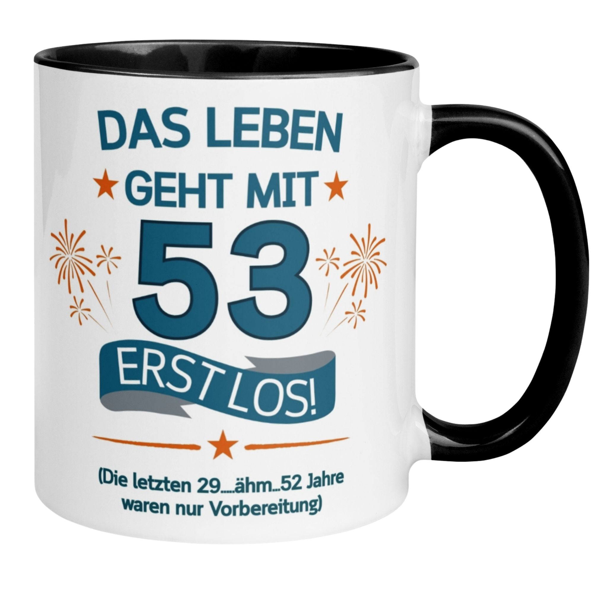 Momentals® Tasse 53. Geburtstag | Feuerwerk & Spruch | Das Leben geht mit 53 erst los