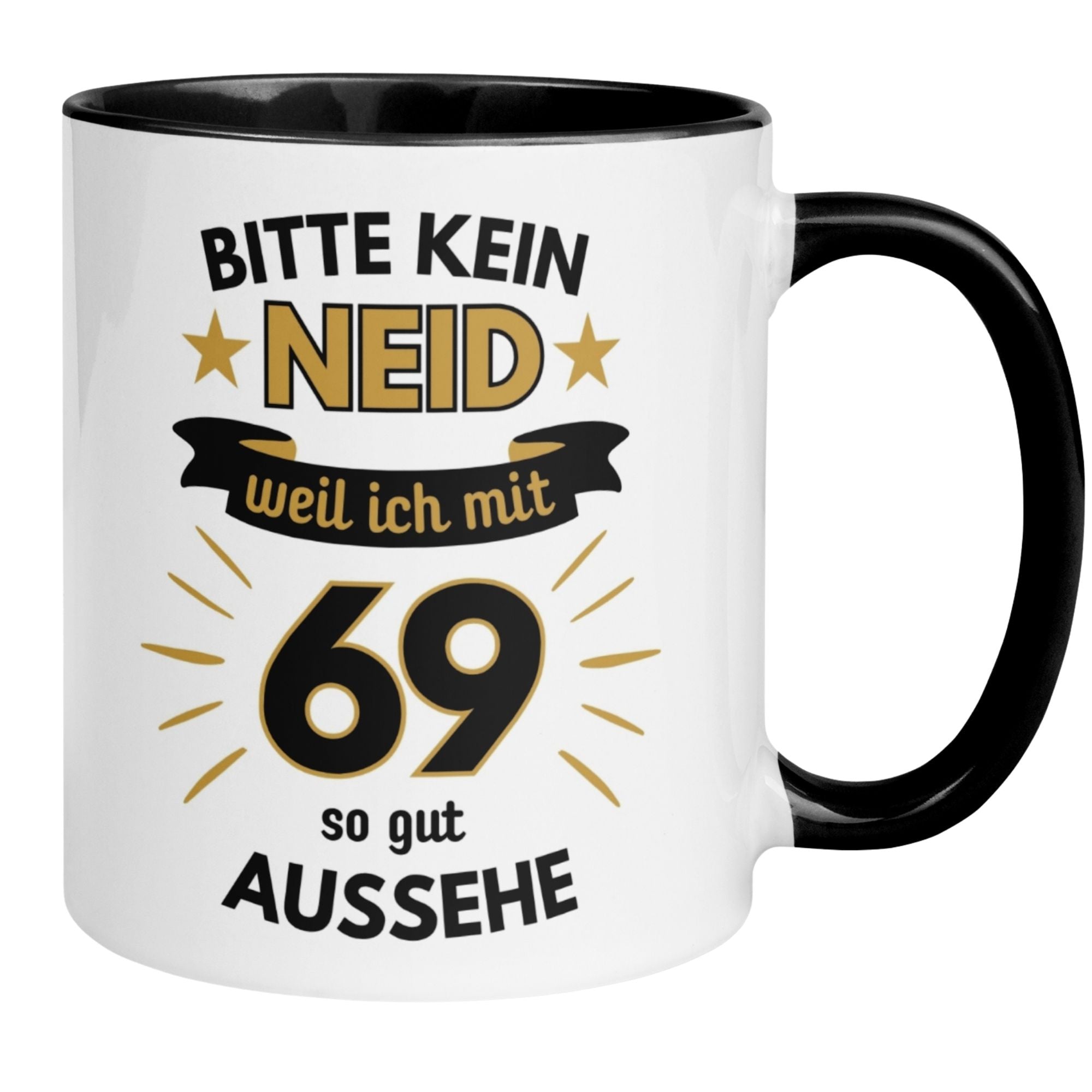 Momentals® Tasse für den 69. Geburtstag mit witzigem Spruch über Selbstvertrauen und gutes Aussehen.