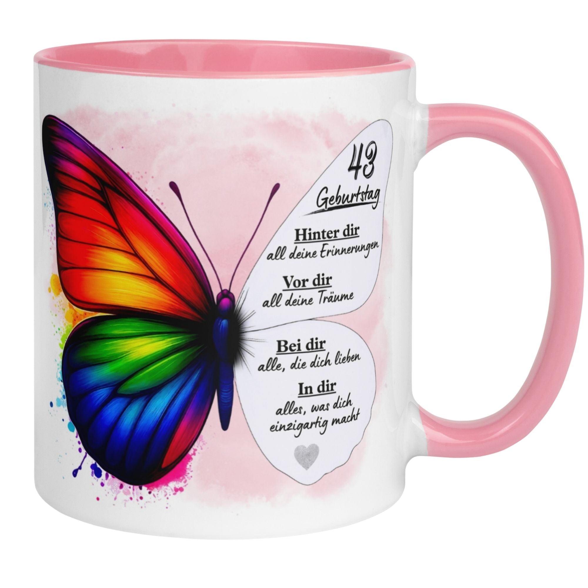 Bunte Geburtstagstasse 43 mit Schmetterling und inspirierendem Spruch für besondere Momente.