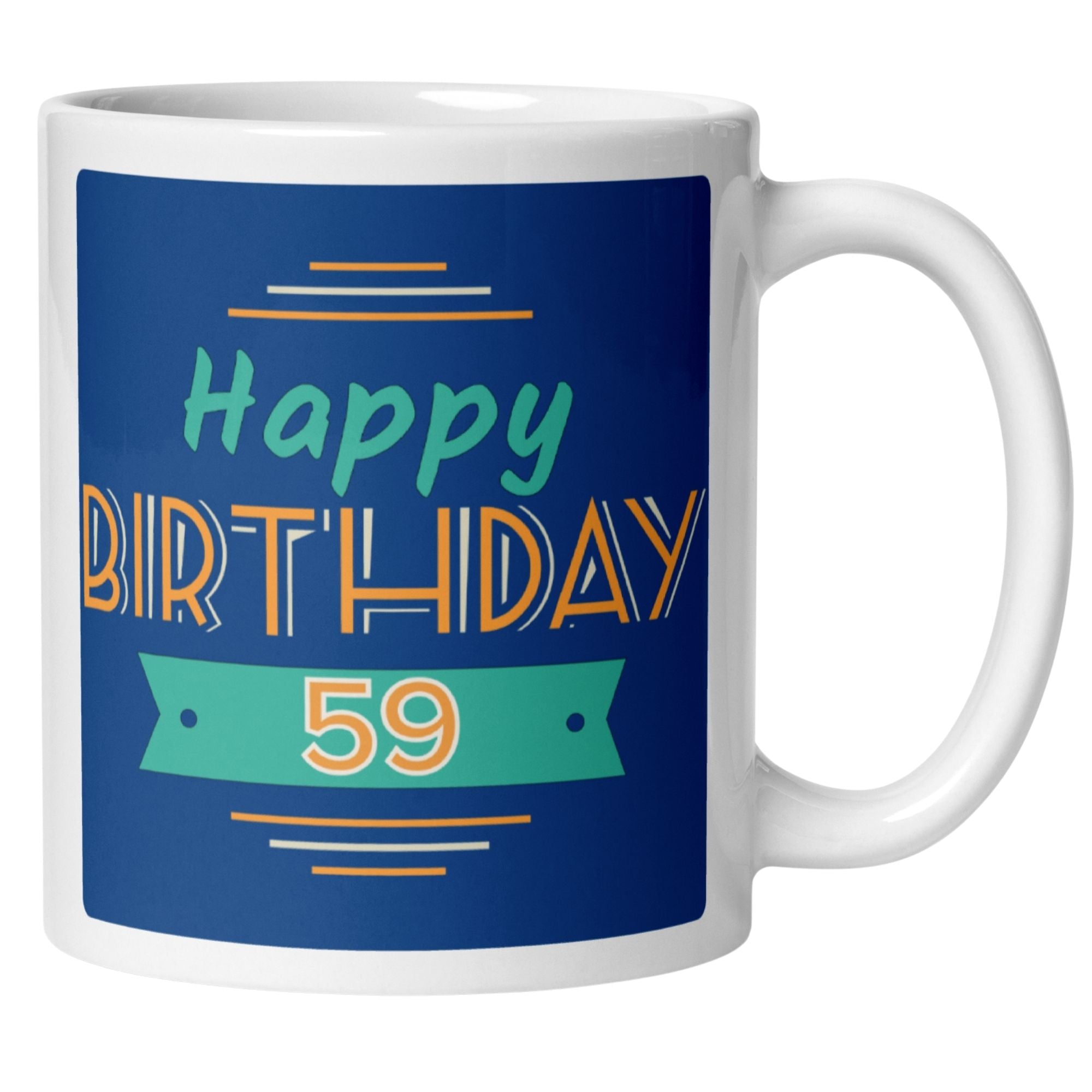 Momentals 59th Birthday mug with colorful 'Happy Birthday' design, perfect for a festive celebration