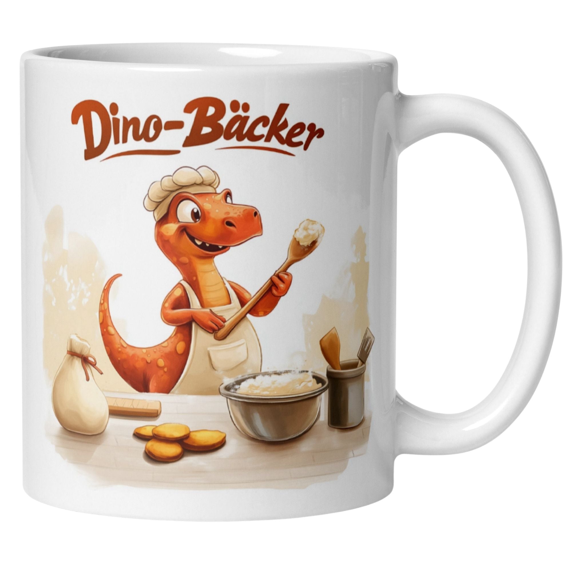Dino Bäcker Tasse mit fröhlichem Dinosaurier in Kochmütze, bereit zum Backen mit Teigschüssel und Zutaten.