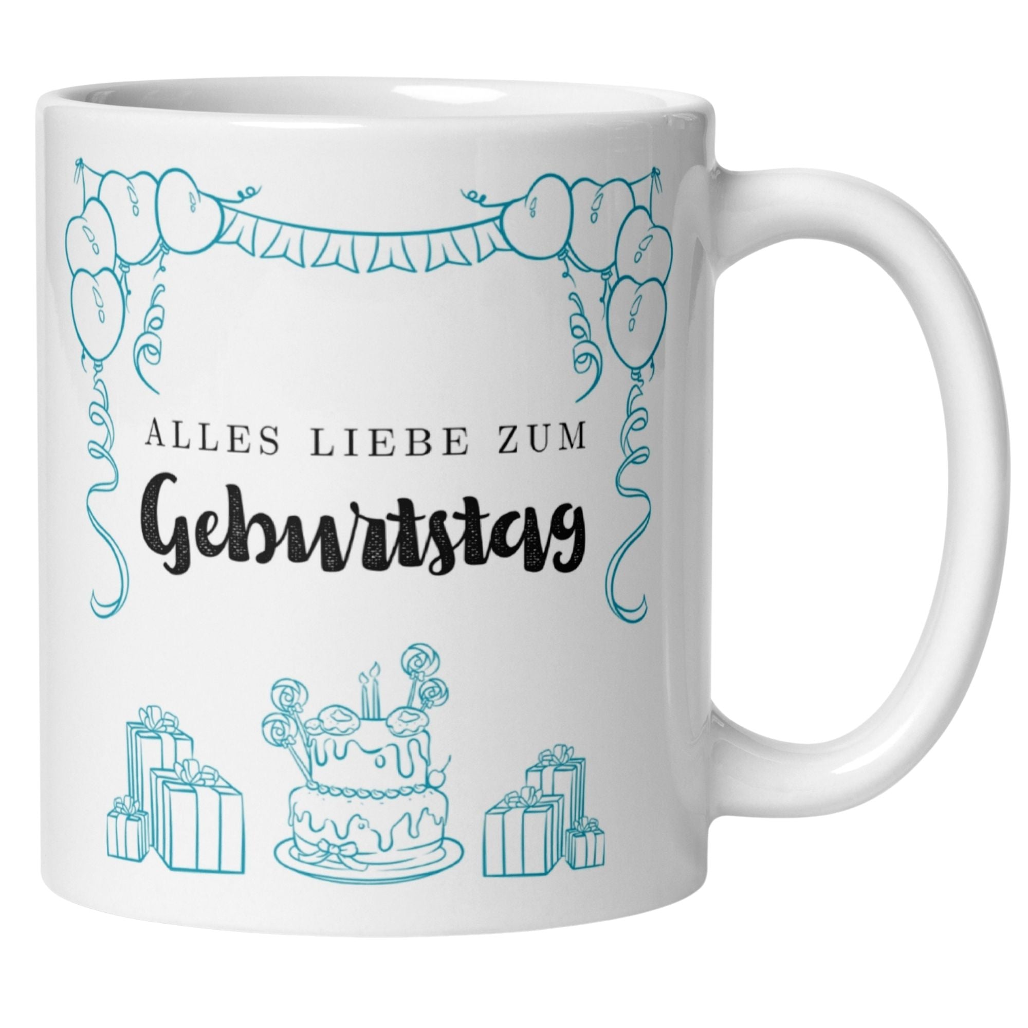 Schöne Geburtstagstasse mit Kuchen, Ballons und Geschenken für fröhliche Morgene.