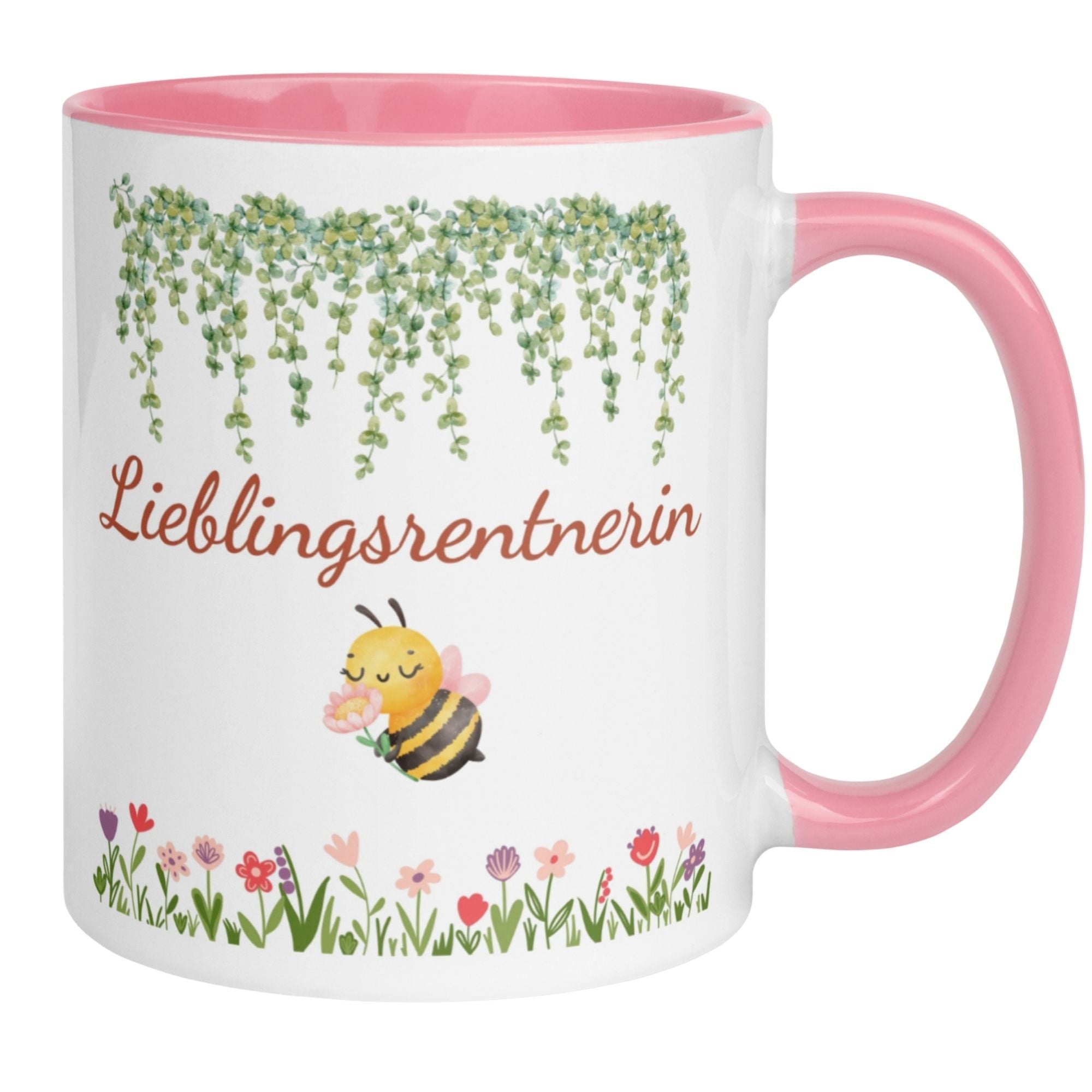 Momentals Tasse "Lieblingsrentnerin" mit Biene und bunten Blumen für frischgebackene Rentnerinnen.