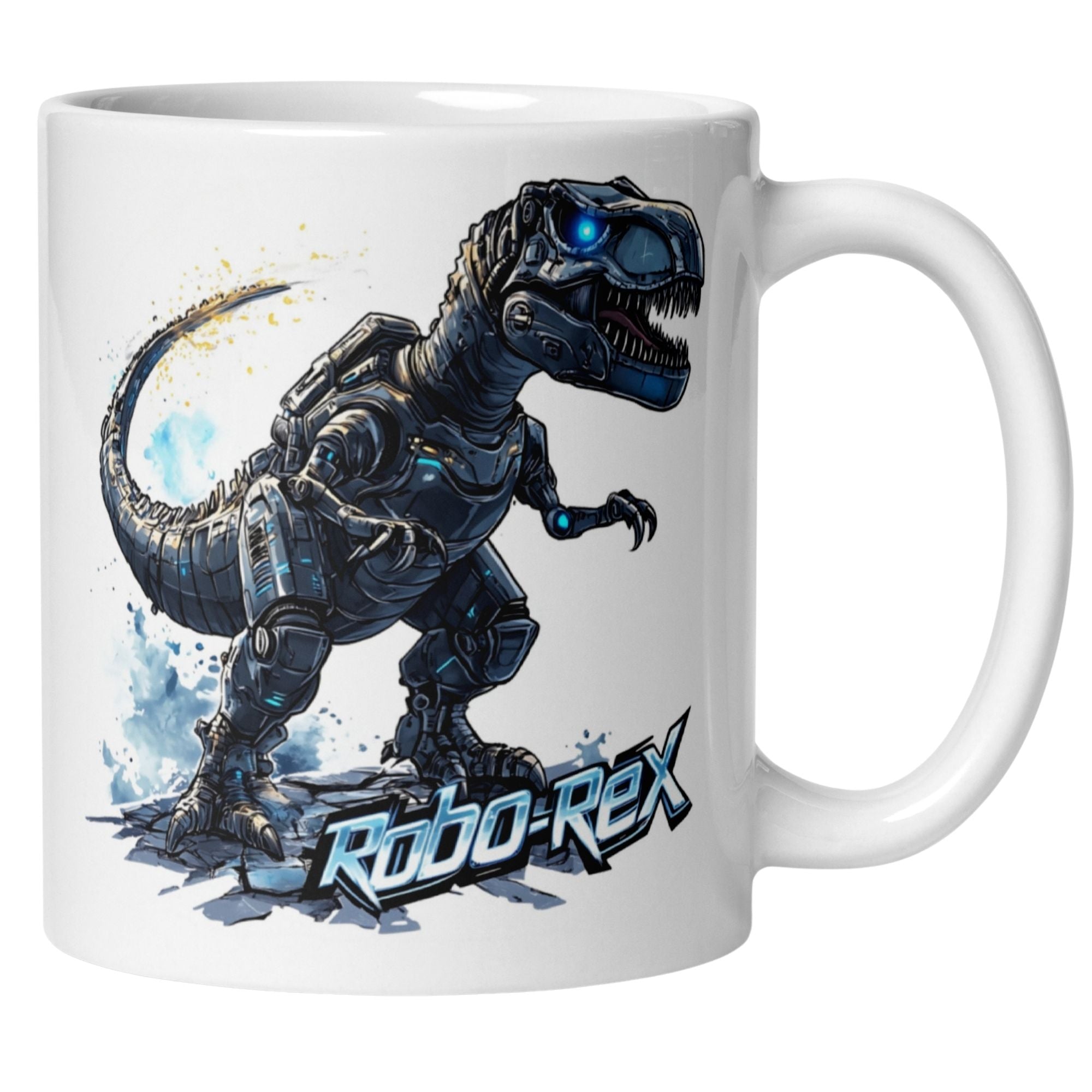 Momentals Robo Rex Tasse mit futuristischem Dinosaurier-Roboter-Design, ideal für Frühstück und Büro.