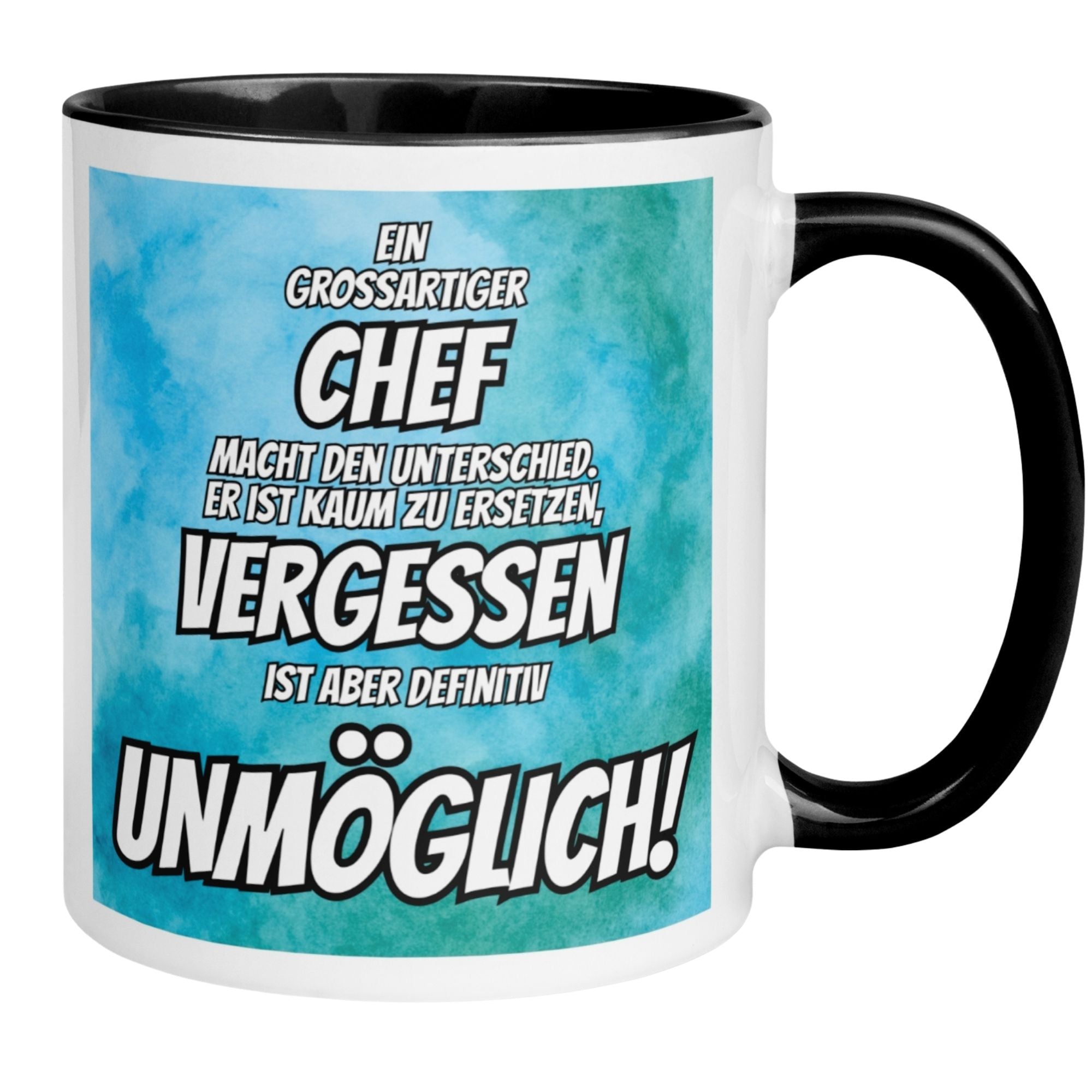 Momentals Tasse Chef mit humorvollem Text auf türkis-blauem Hintergrund für Abschied und Wertschätzung.