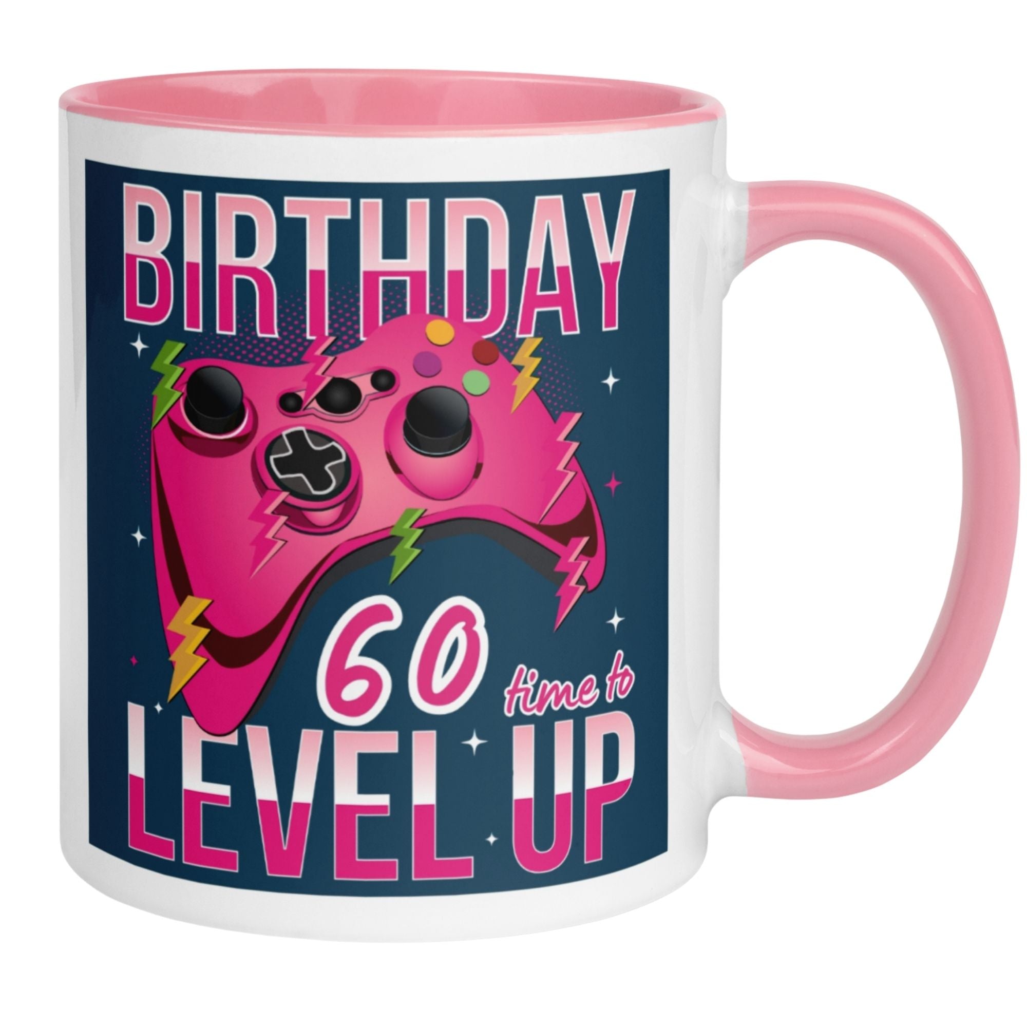 Momentals® Tasse für 60. Geburtstag mit Gaming-Motiv "Time to Level Up" in rosa und blau.