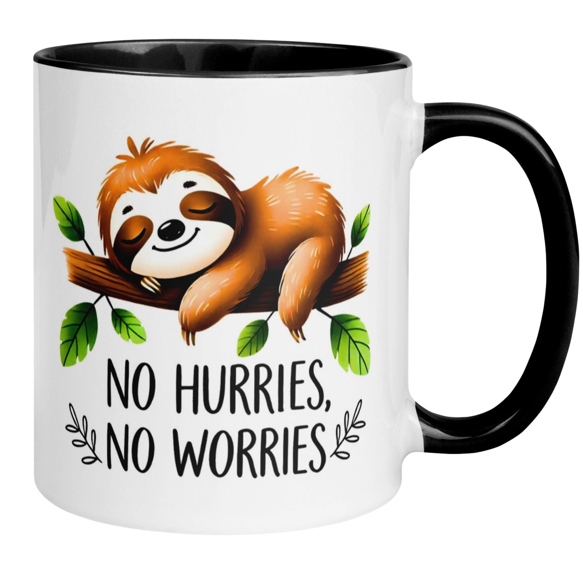 Momentals Tasse mit Faultier und Spruch "No Hurries, No Worries" – für entspannte Genussmomente.