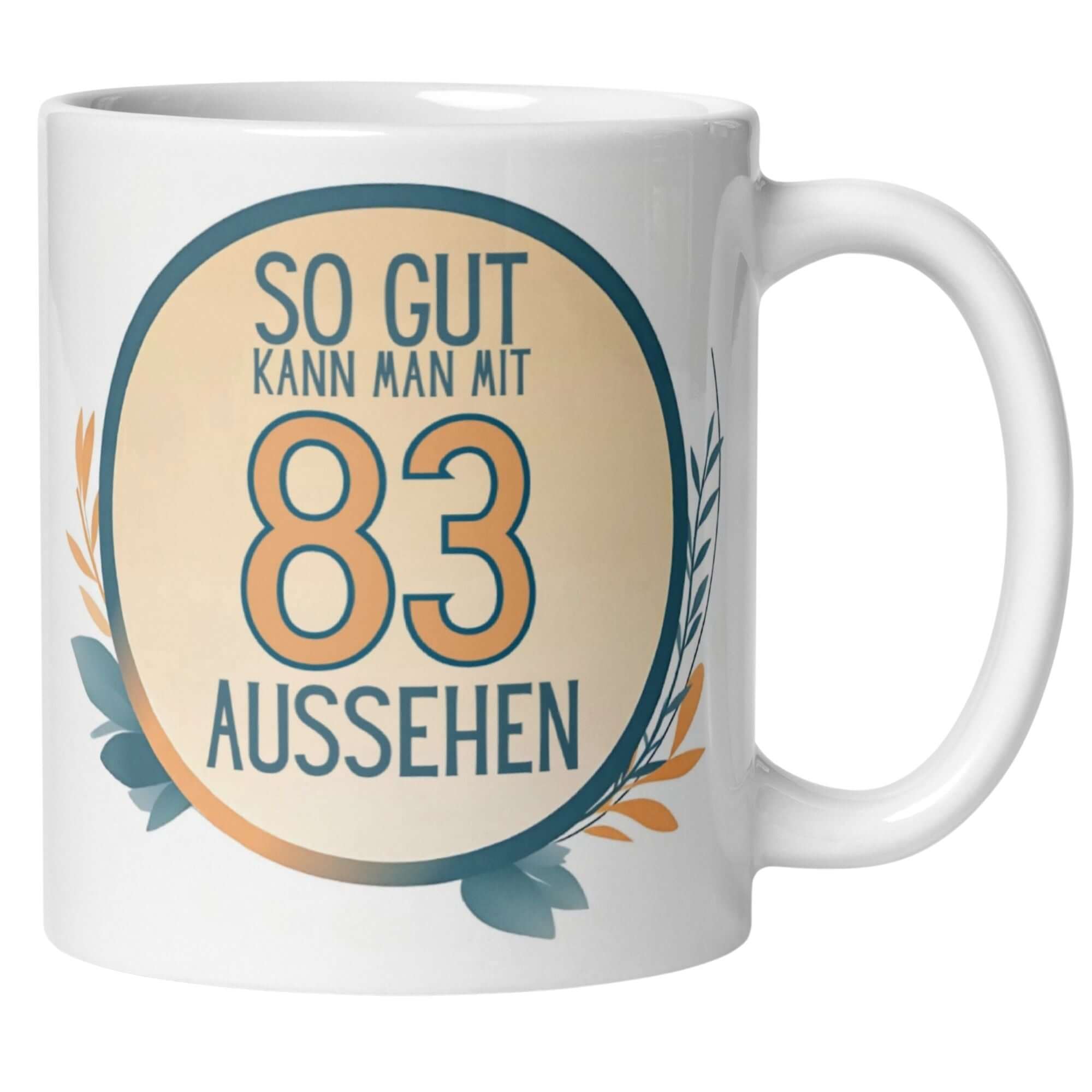 Momentals® Tasse für den 83. Geburtstag mit dem Spruch: So gut kann man mit 83 aussehen.