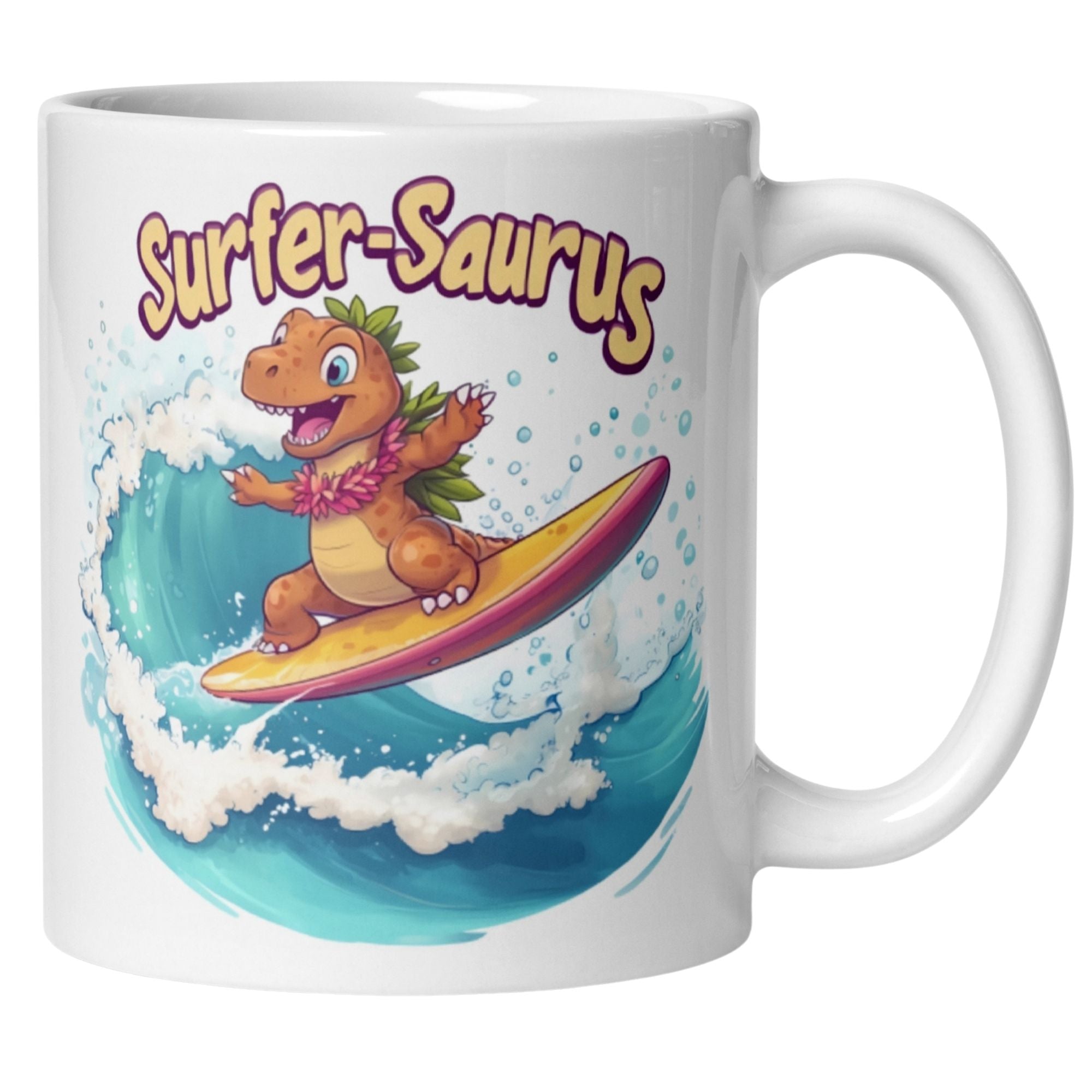 Bunte Tasse mit Dinosaurier-Surfer, der eine Welle reitet – perfektes Geschenk für Dino-Fans und Sommerliebhaber!