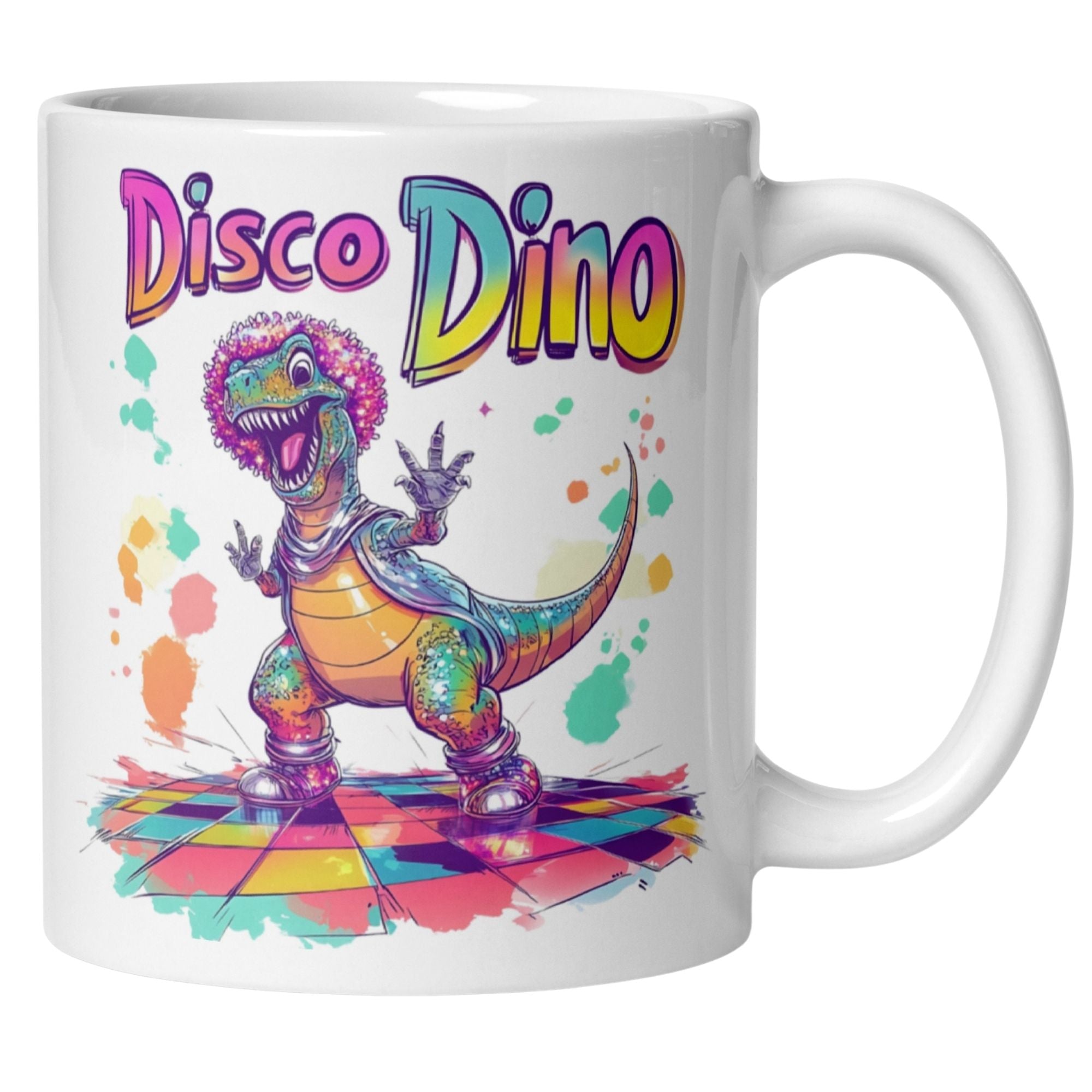 Colorful Disco Dino mug featuring a dancing dinosaur in a vibrant disco outfit and afro hairstyle.