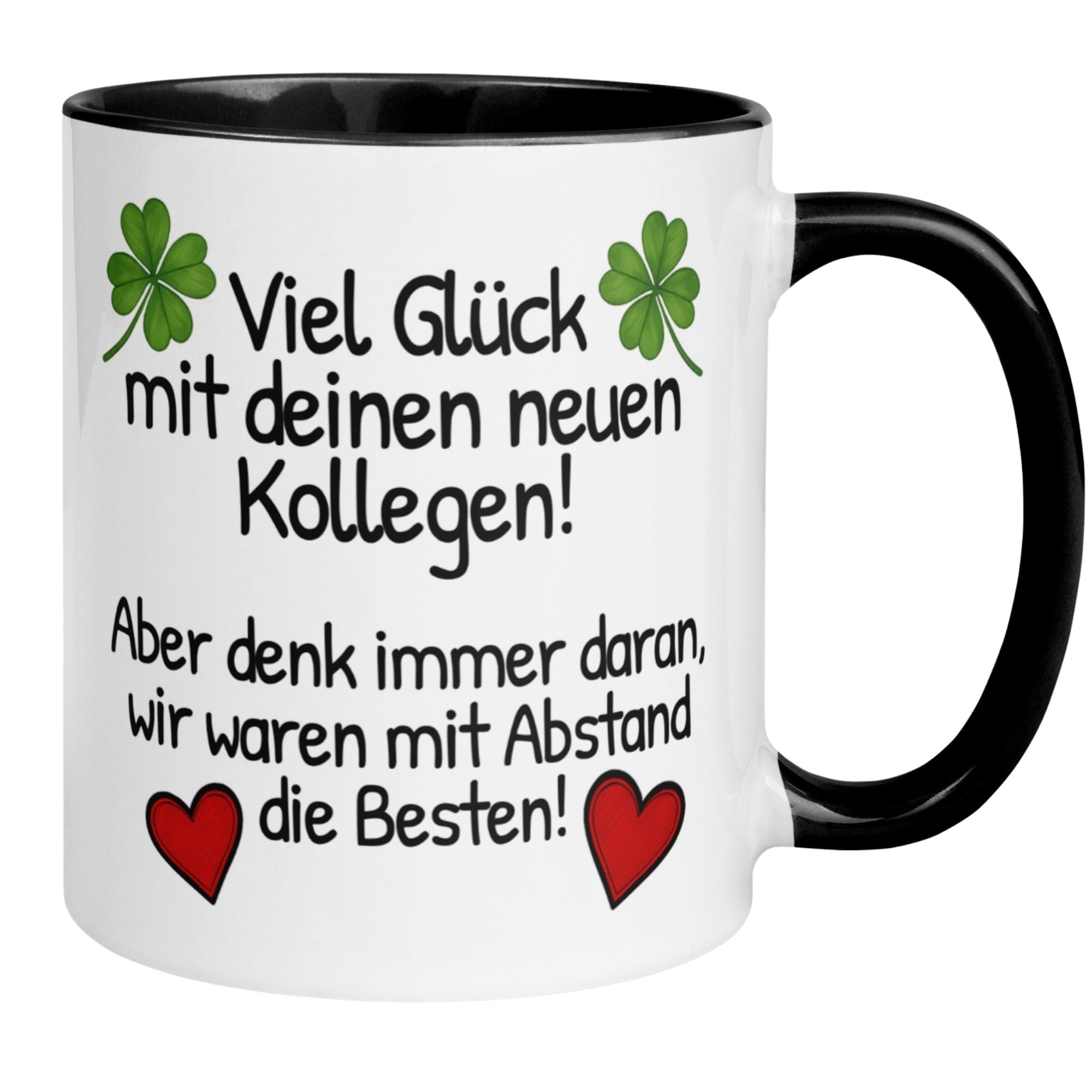 Momentals® Abschiedstasse mit Kleeblättern, Herzen und humorvollem Text für neue Kollegen.