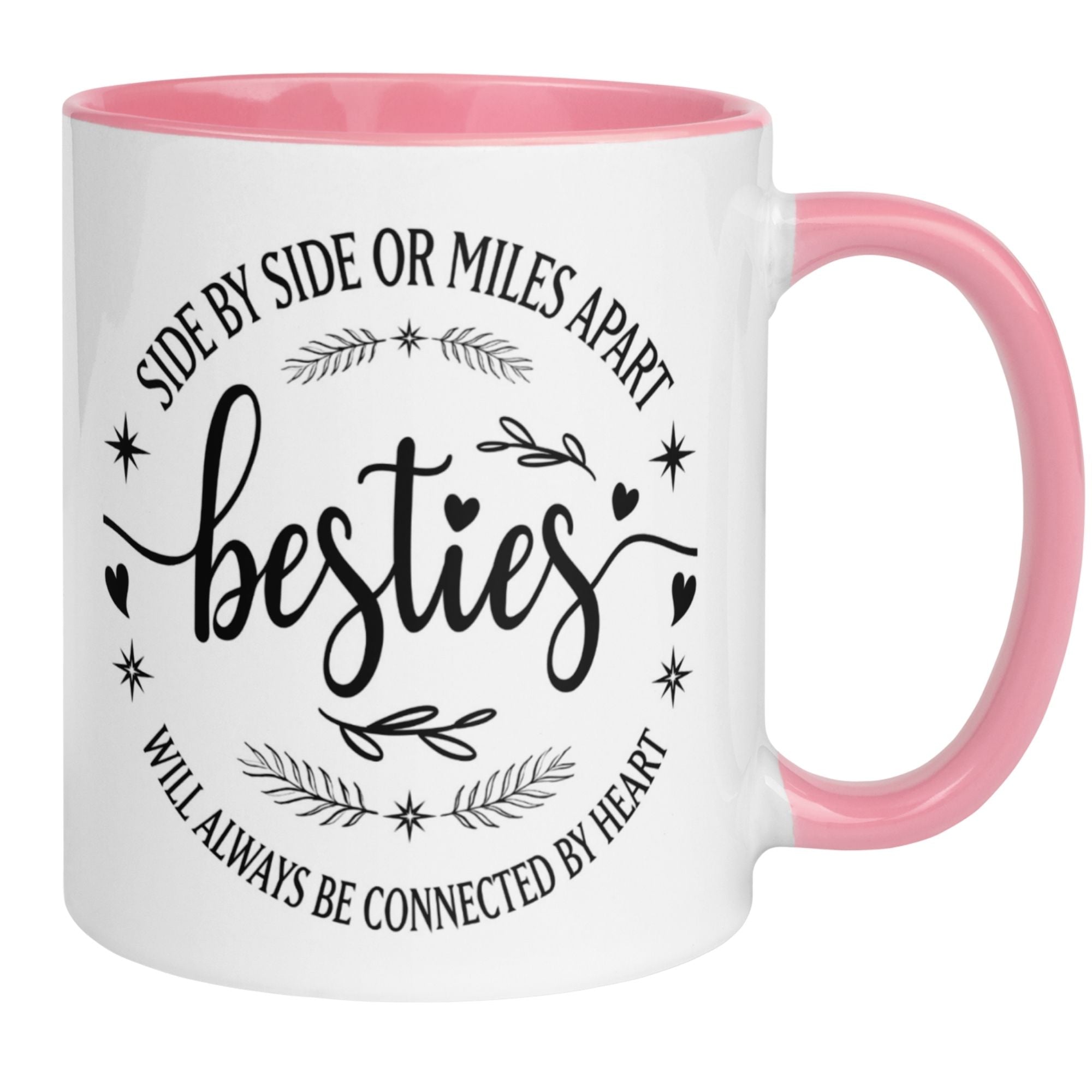 Momentals Tasse mit dem Text "Besties verbunden im Herzen" für beste Freundschaften, rosa innen.