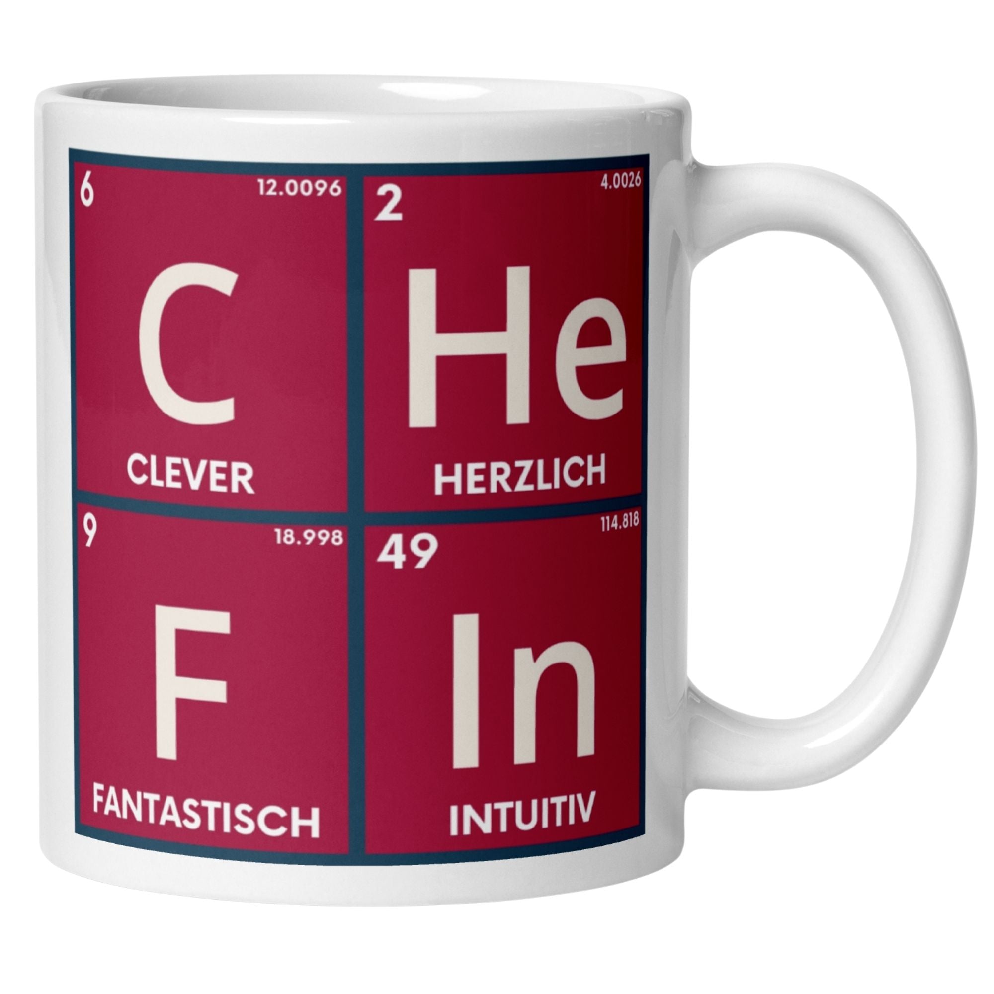 Momentals Tasse Chefin mit Periodensystem Elementen: Clever, Herzlich, Fantastisch, Intuitiv - perfektes Abschiedsgeschenk.