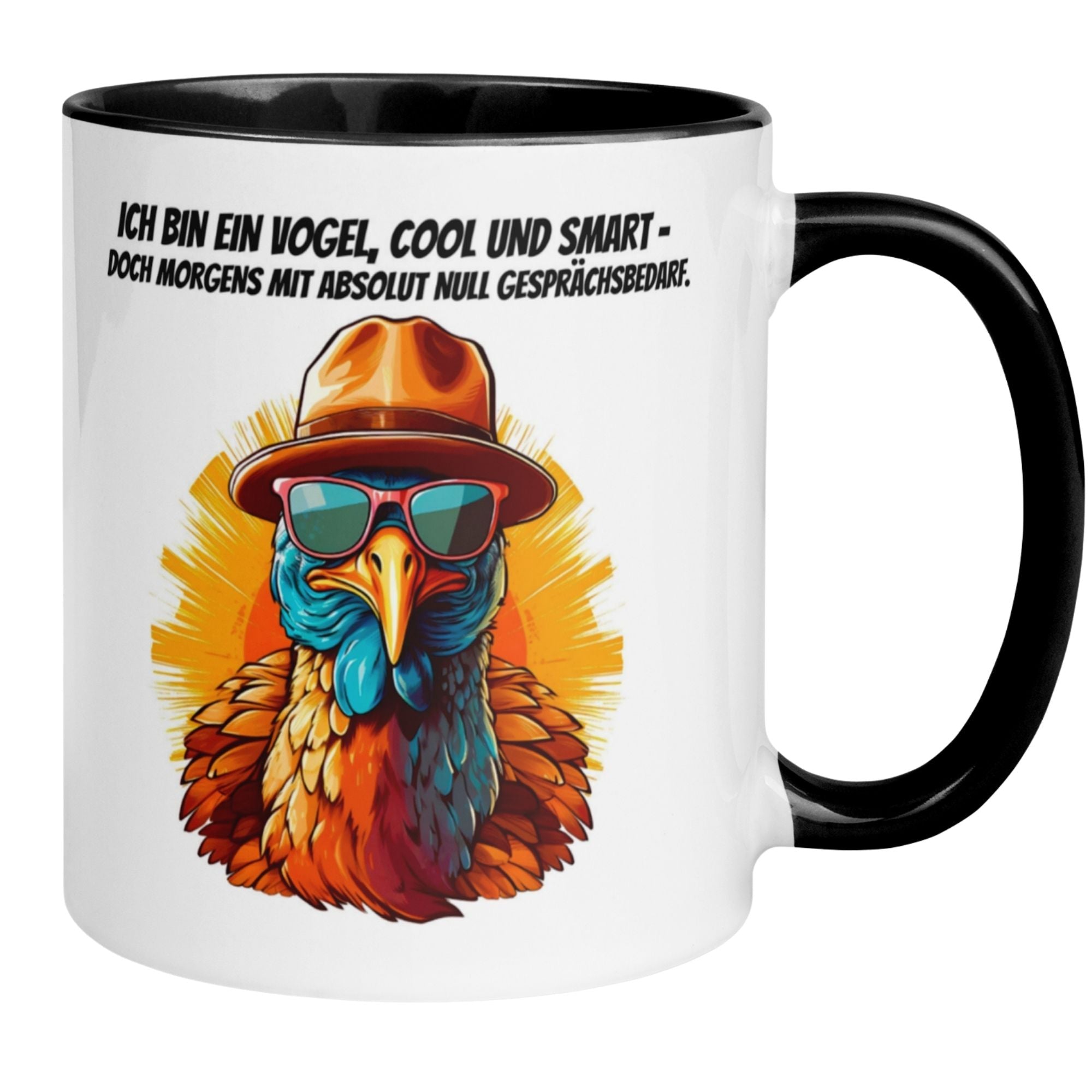 Momentals® Morgenmuffel Tasse mit witzigem Vogel-Motiv und Spruch für Morgenmuffel.