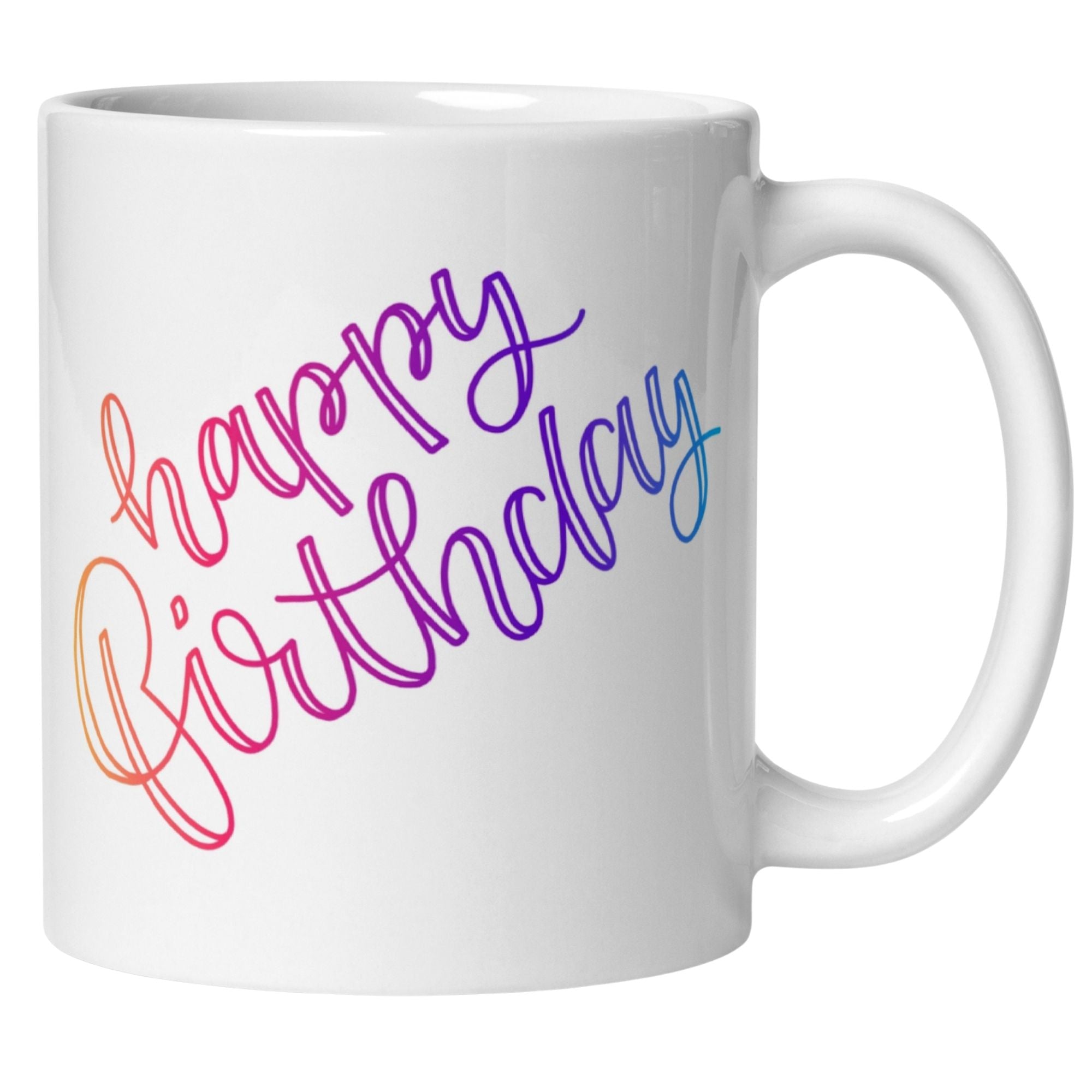 Momentals® Happy Birthday Tasse in Regenbogenfarben auf weißem Hintergrund