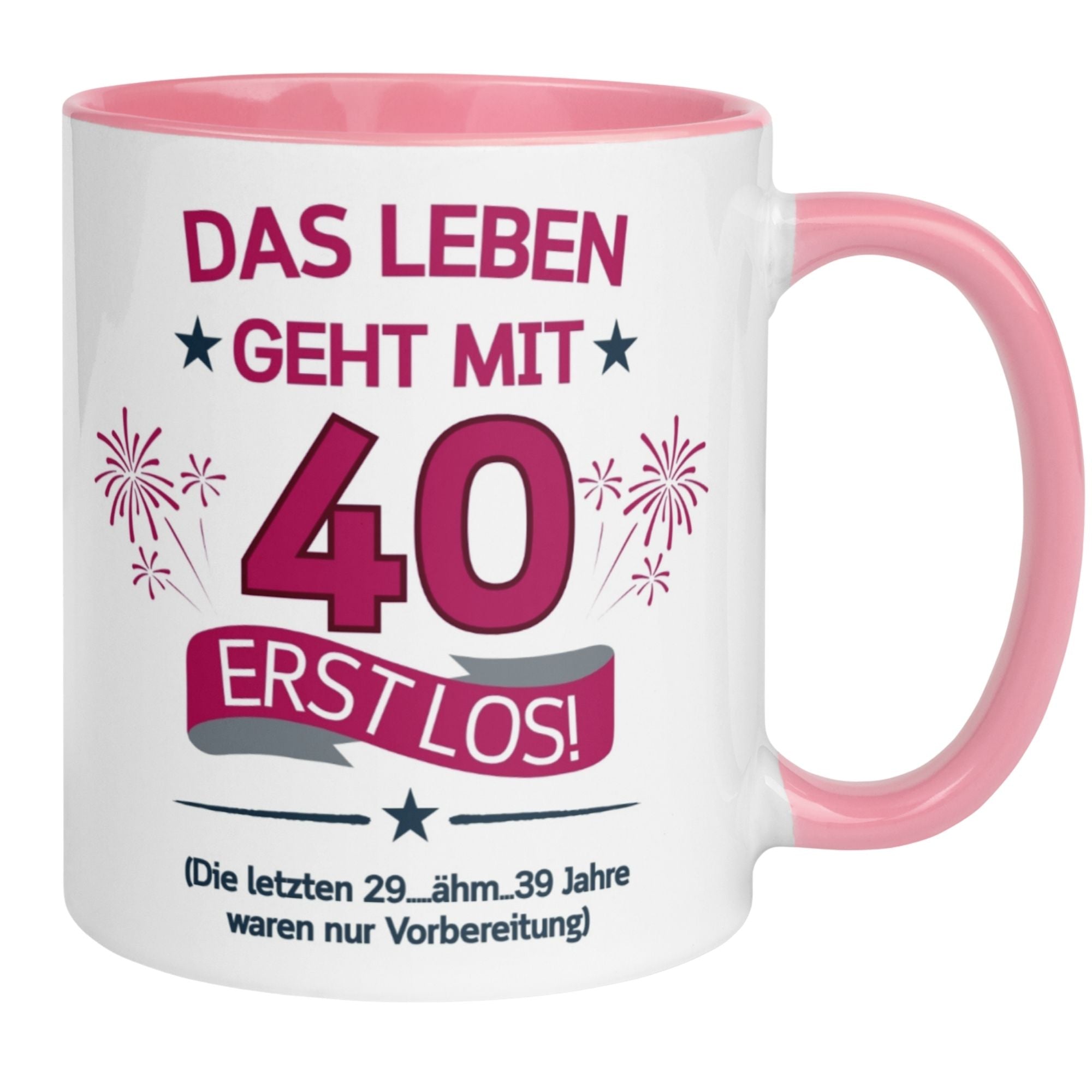 Momentals® Tasse zum 40. Geburtstag mit witzigem Spruch und pinkem Griff für lachende Geschenke.