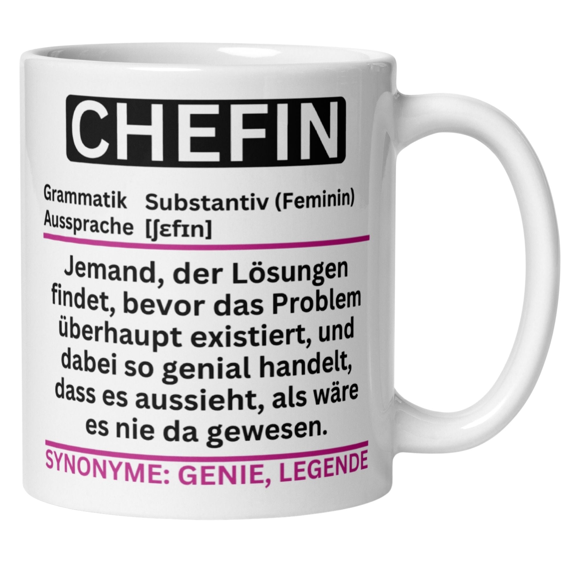 Momentals Tasse Chefin mit humorvollem Duden-Stil Motiv und inspirierender Definition für Führungskräfte.