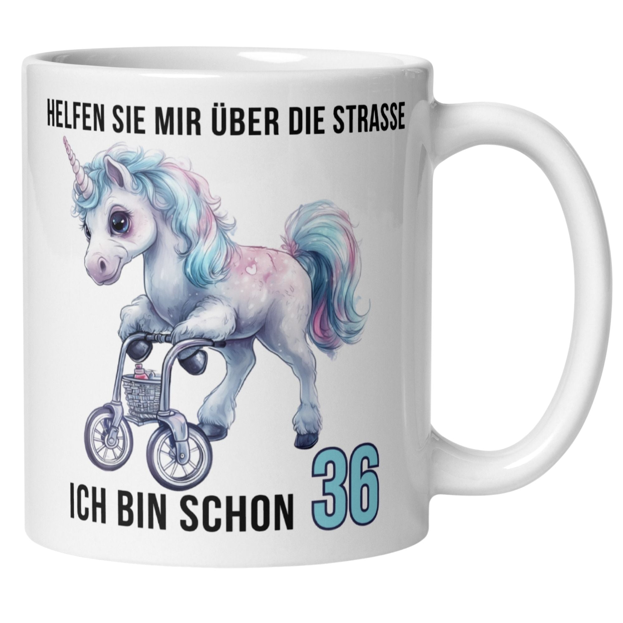 Momentals® Tasse 36. Geburtstag | Einhorn & Spruch | Helfen Sie mir über die Straße ich bin schon 36 • Momentals