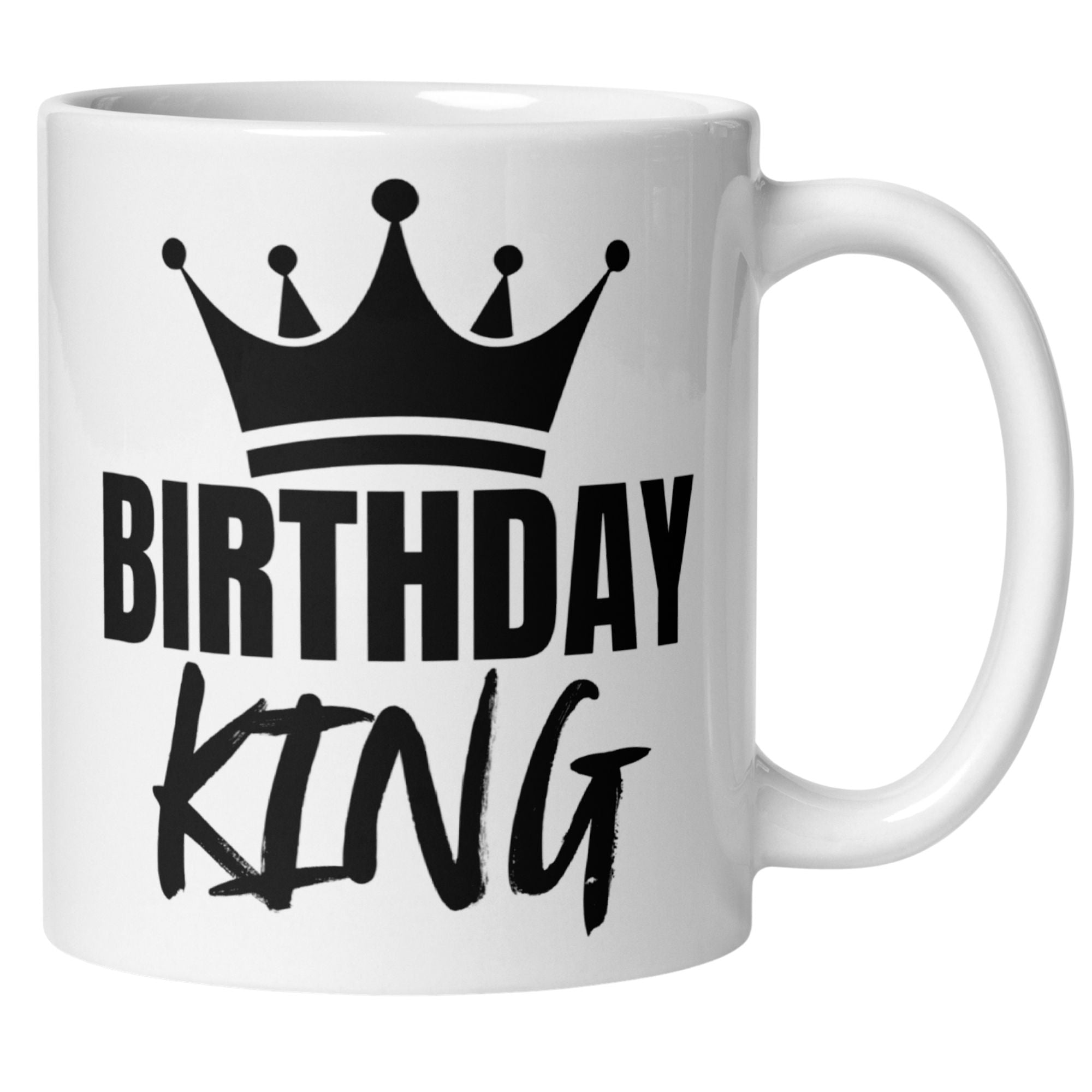 Momentals Tasse für Geburtstagsfeiern mit Aufschrift "Birthday King" und stilisierter Krone in Schwarz-Weiß.