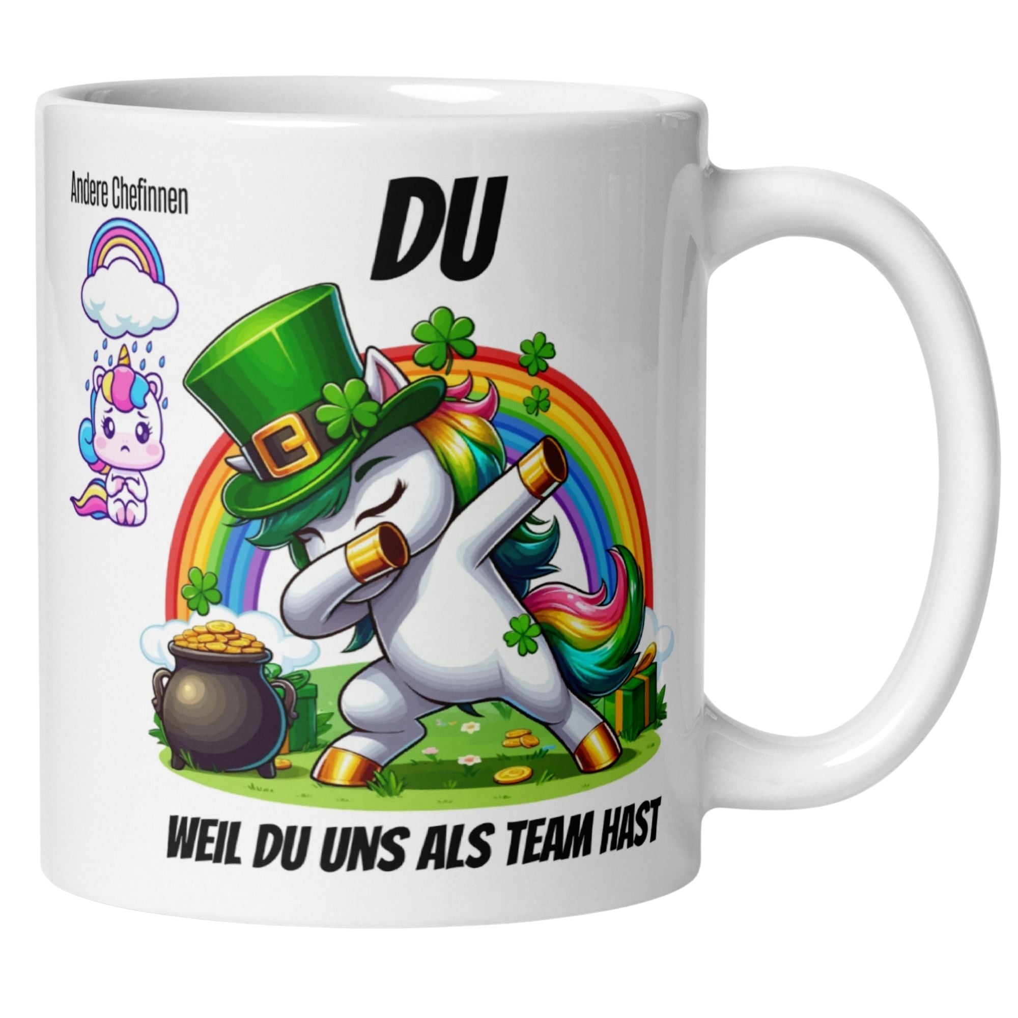 Humorous Momentals® mug featuring a unicorn, rainbow, and clovers, perfect for celebrating a boss's farewell.