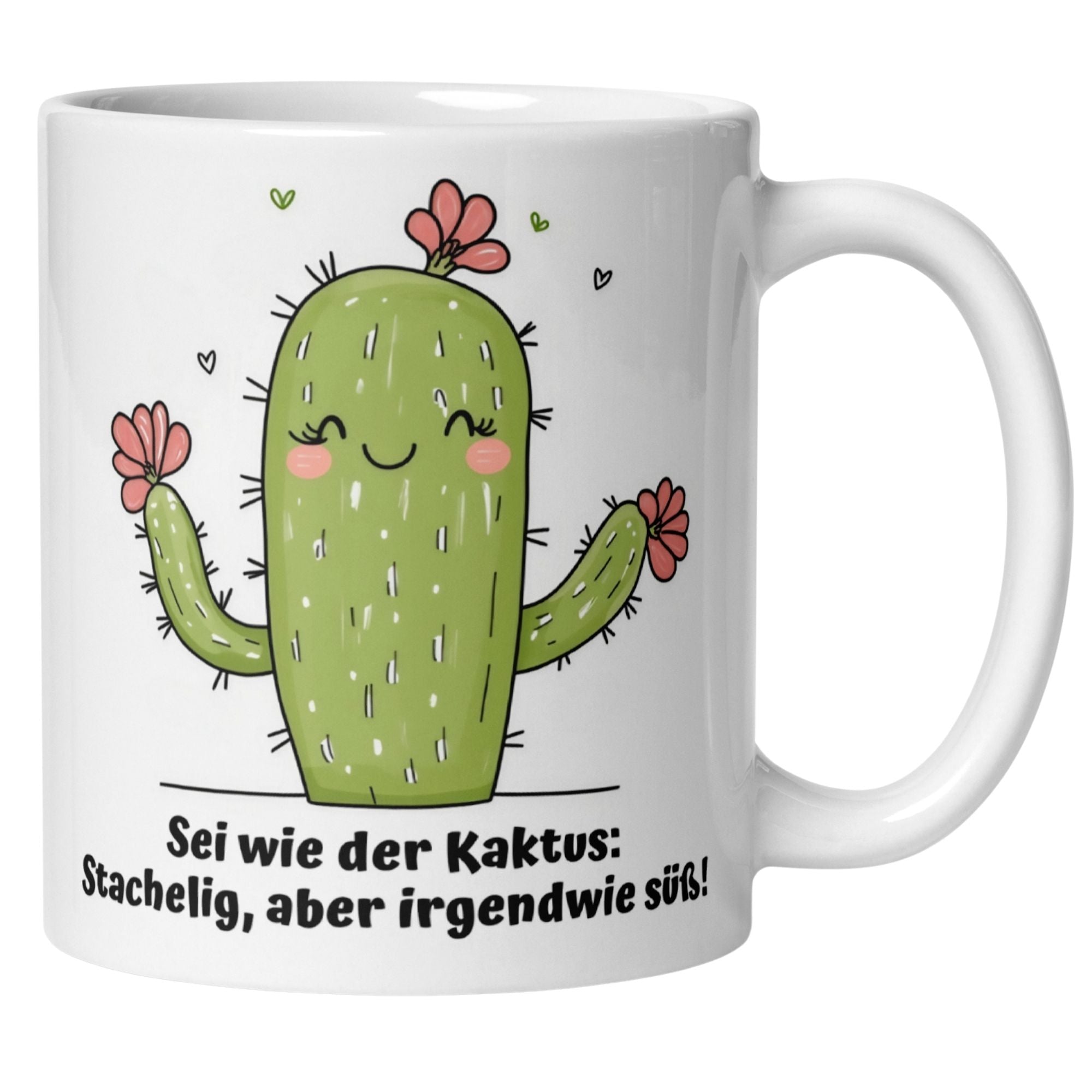 Cute cactus mug with the quote 'Be like the cactus: prickly but sweet!' perfect for gifts and plant lovers.