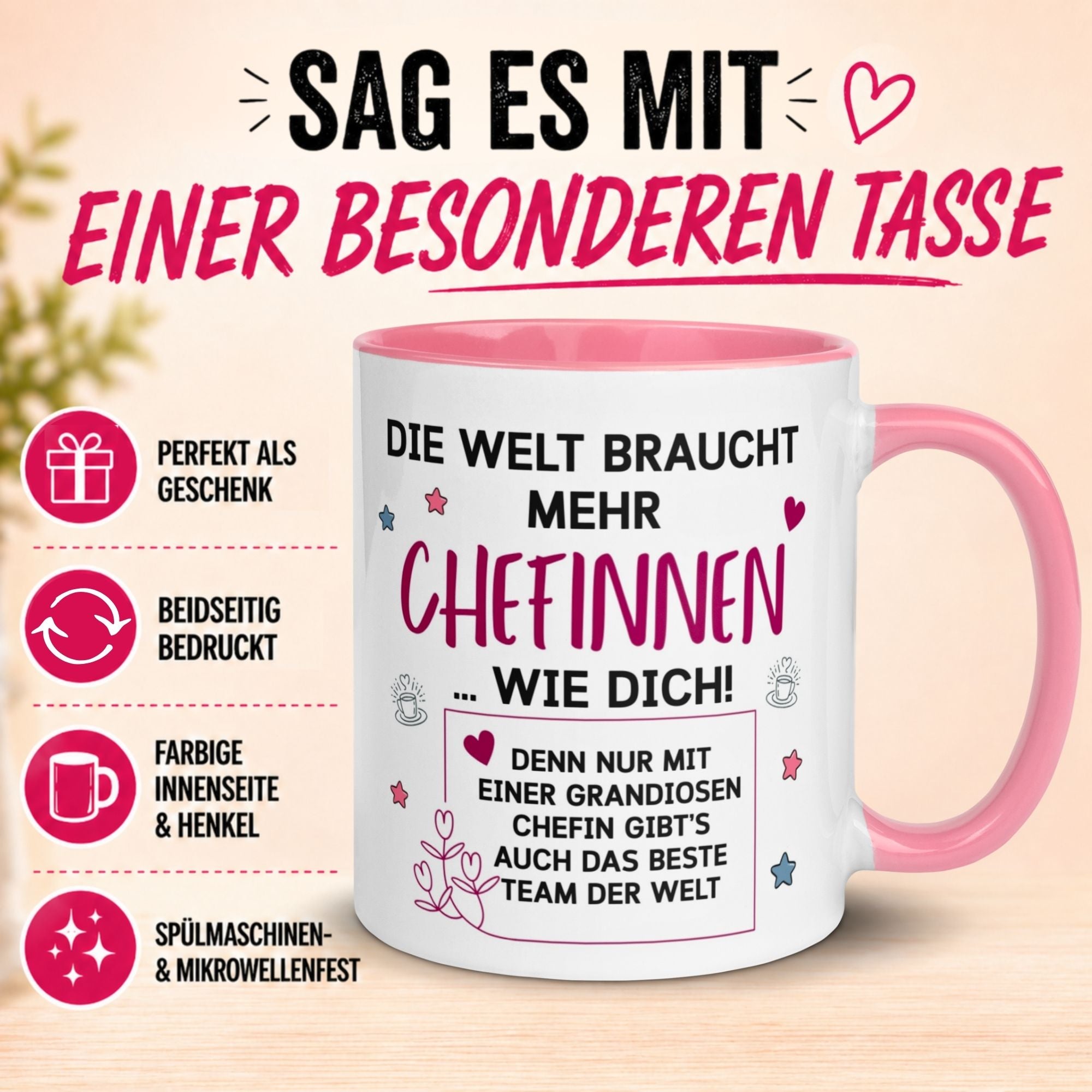 Tasse Chefin – „Die Welt braucht mehr Chefinnen wie Dich“ – Teamleiterin Geschenk Becher