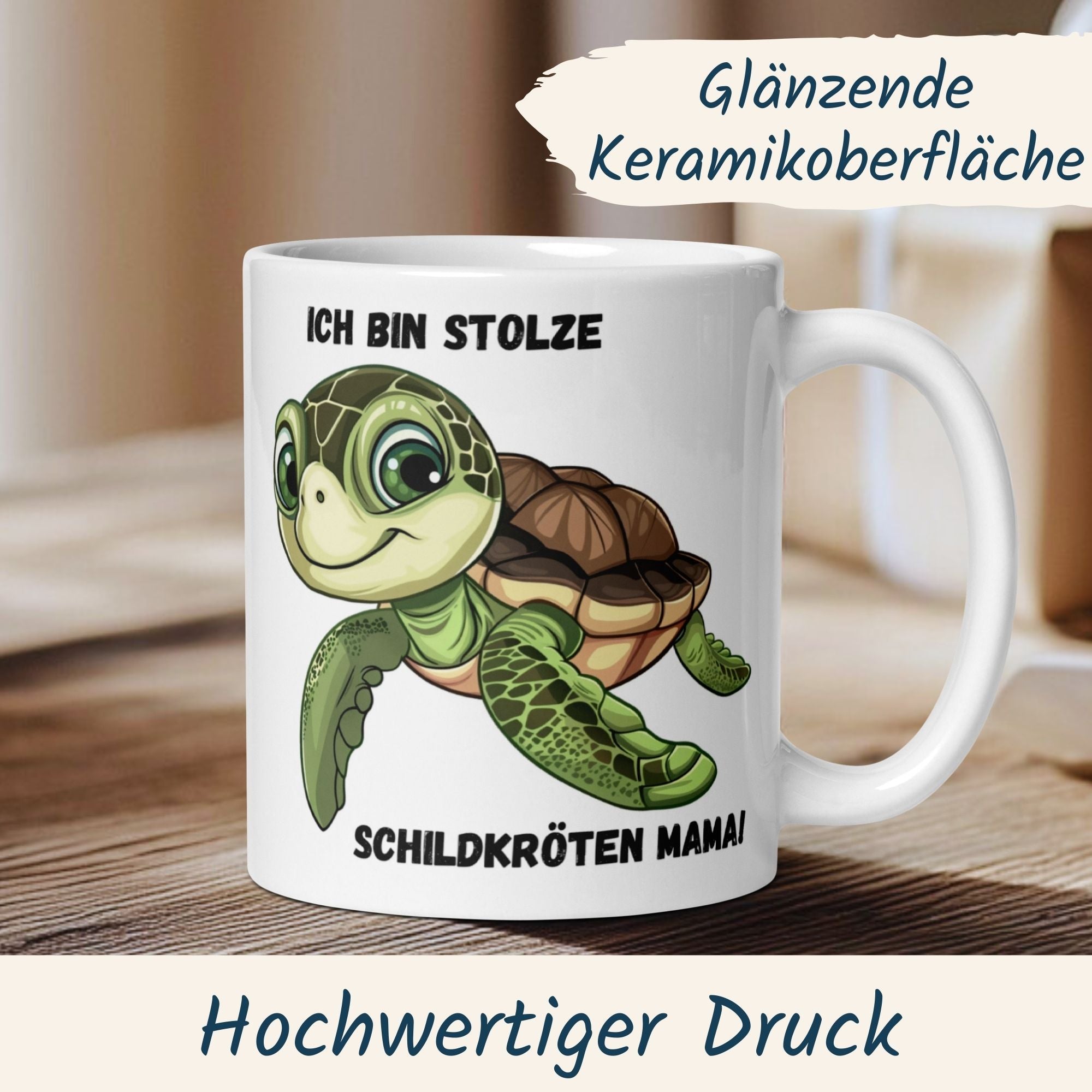 Momentals® Tasse mit Schildkröte und Spruch "Ich bin stolze Schildkröten Mama" in bunten Farben.