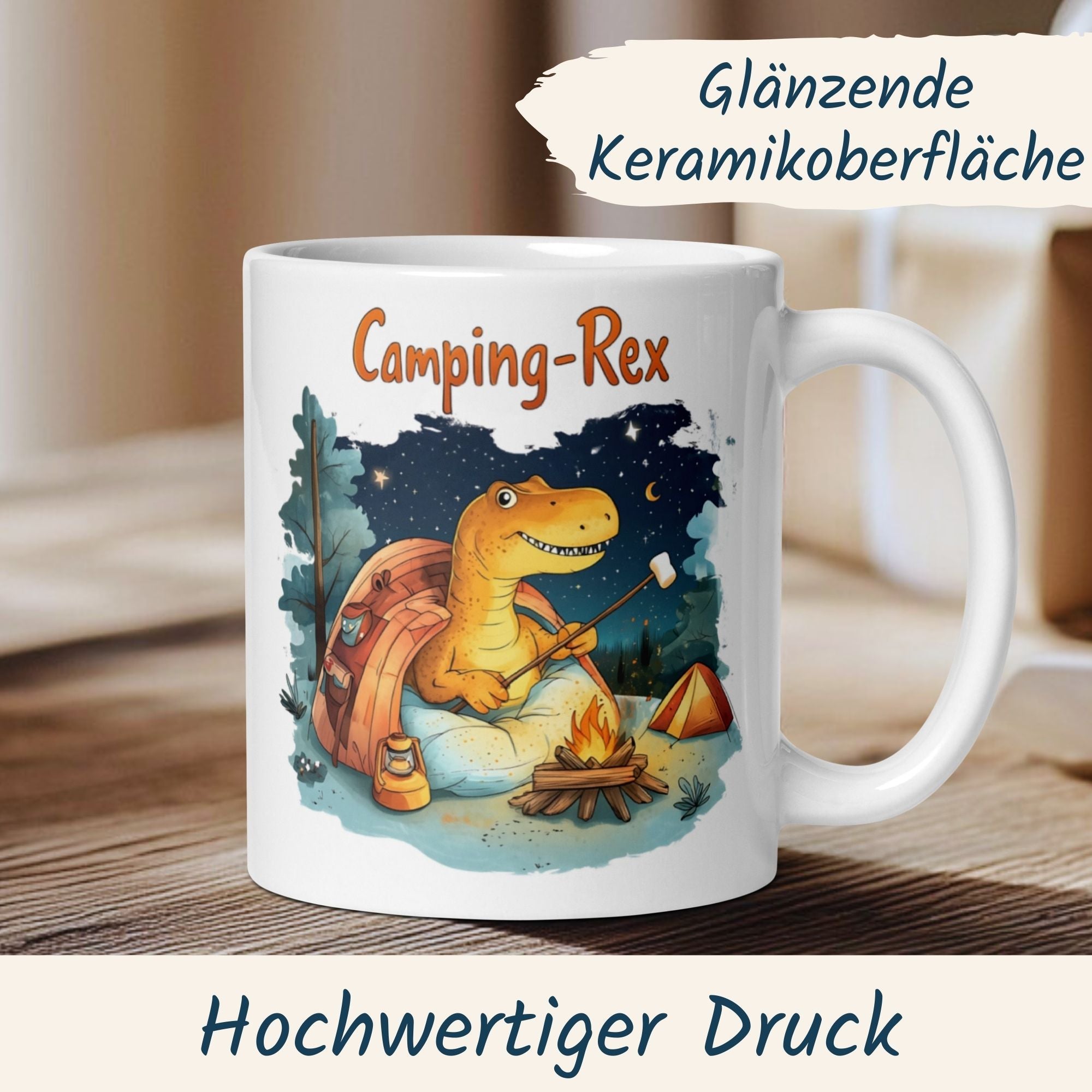 Cute Camping Rex dinosaur mug by the campfire, perfect for coffee lovers and outdoor enthusiasts.