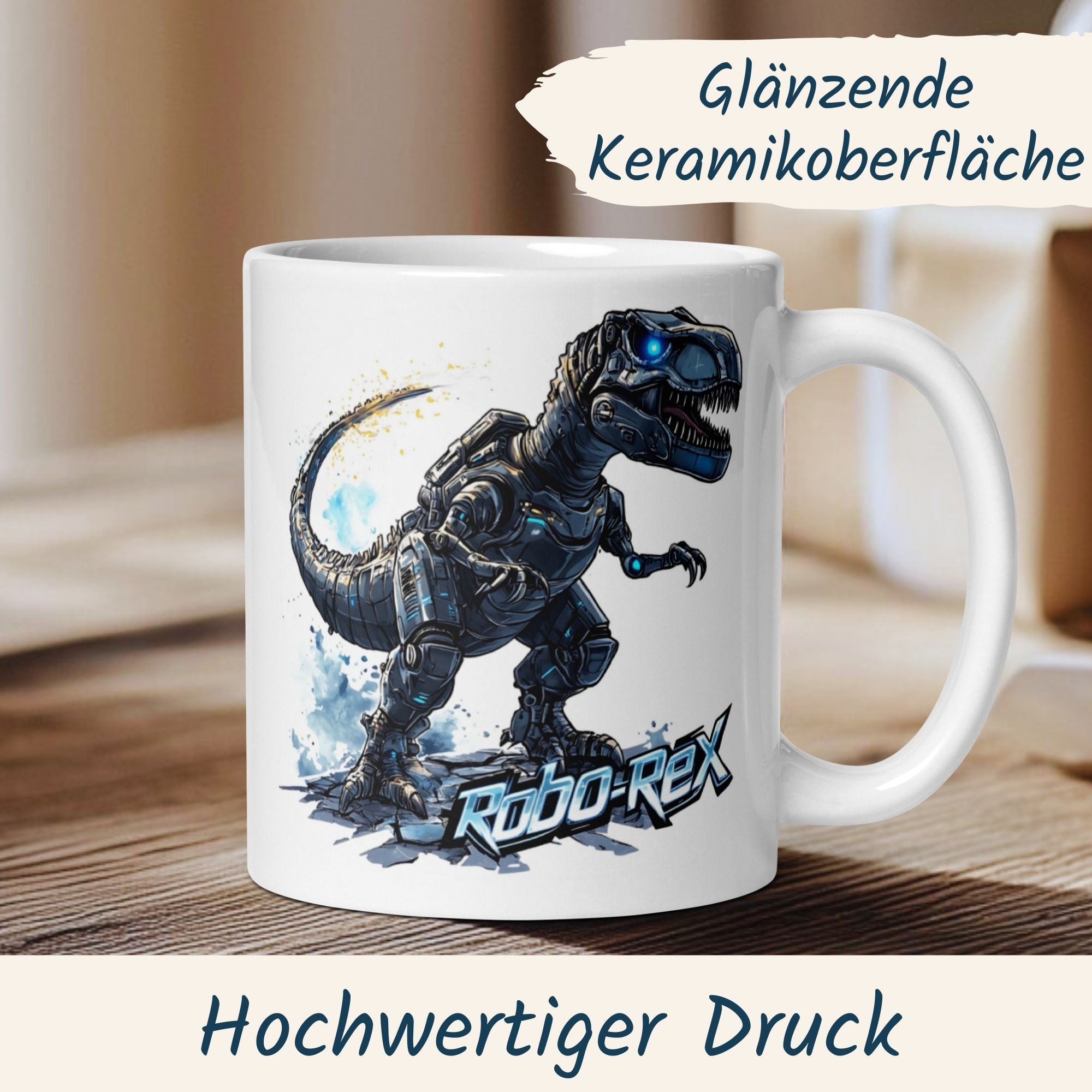 Robo Rex Tasse mit futuristischem Dinosaurier-Roboter-Motiv auf glanzender Keramikoberfläche.