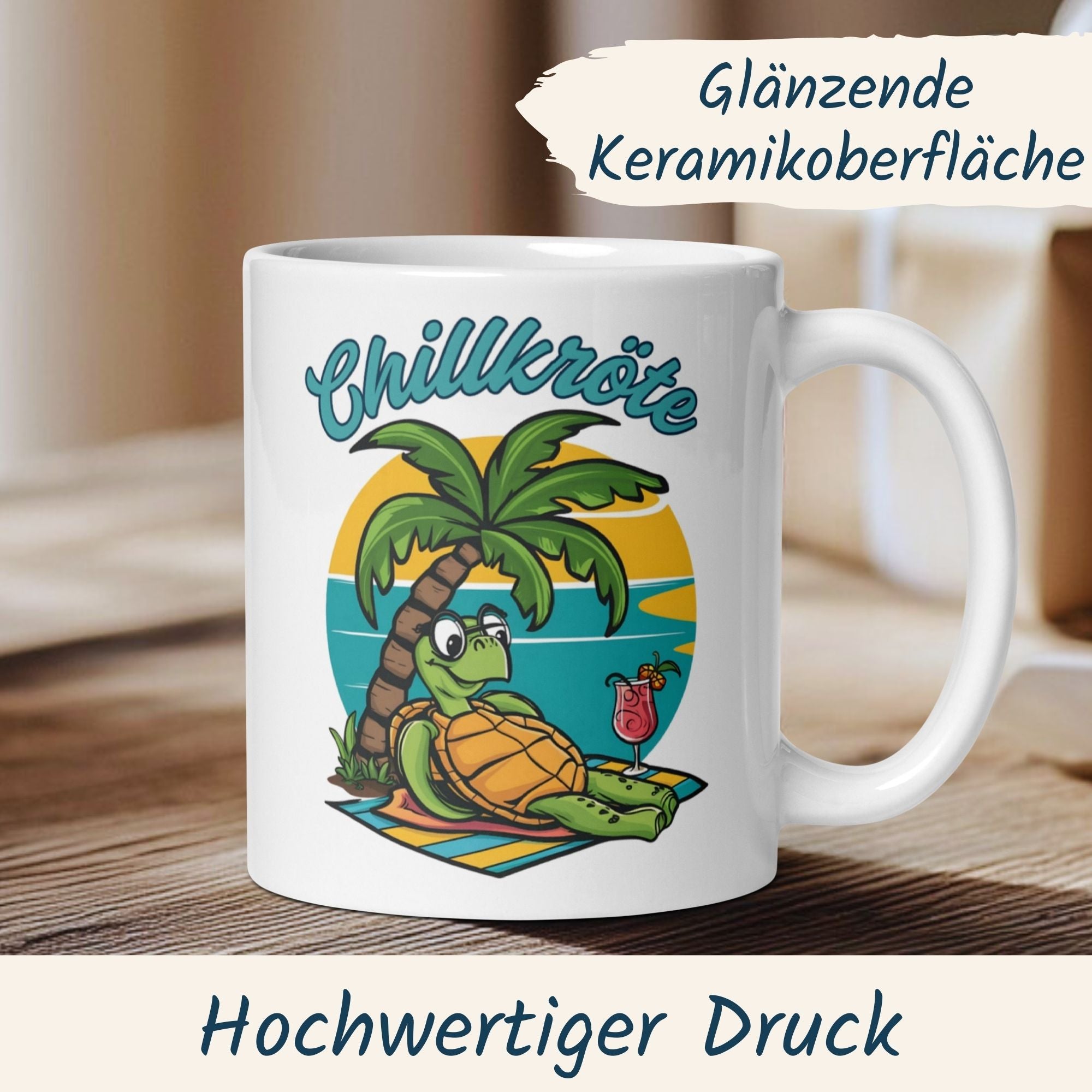 Chillkröte Tasse mit Schildkröte und Palme für Sommerfeeling und gute Laune im Büro oder Zuhause.