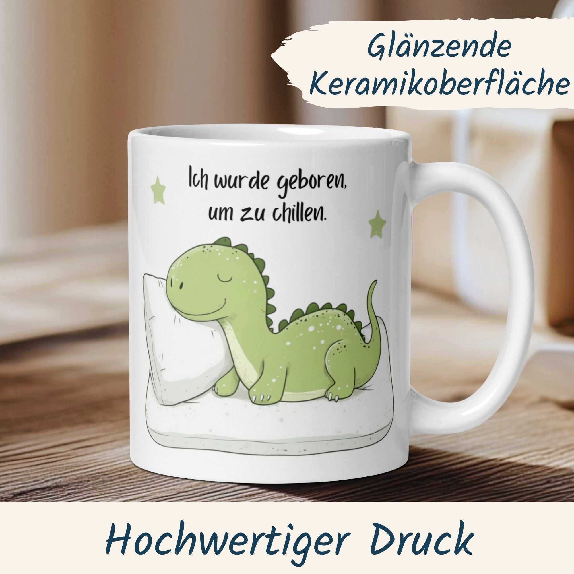Momentals Dino-Tasse mit schlafendem Dinosaurier und Spruch "Ich wurde geboren, um zu chillen".