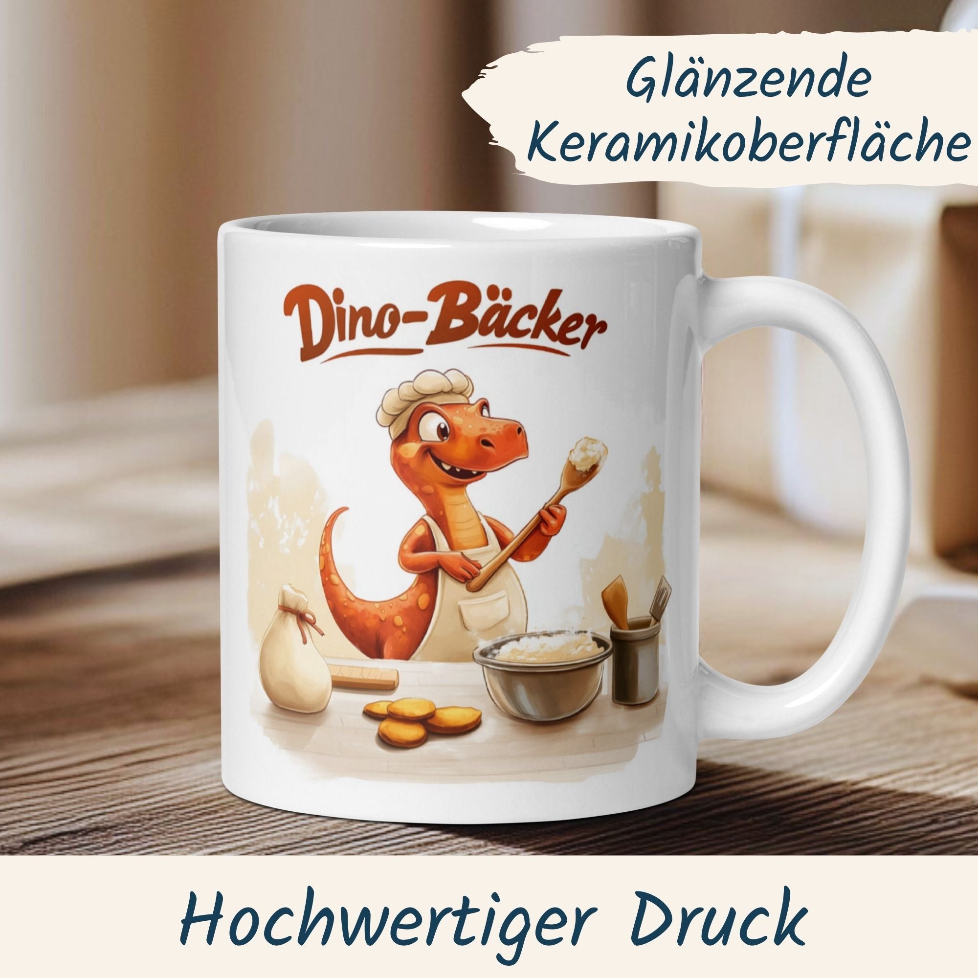 Helle Dino Bäcker Tasse mit Kochmütze, Teigschüssel und lustigem Motiv für Backliebhaber.