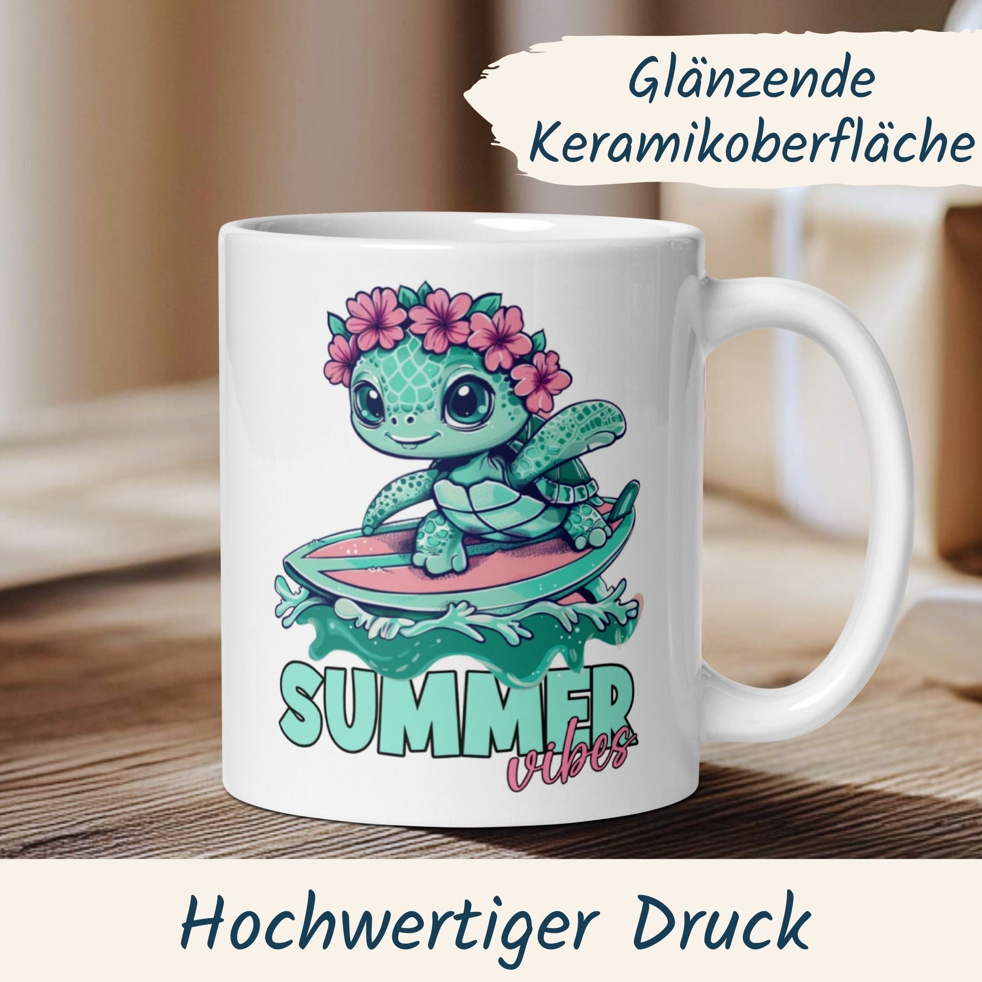 Summer Vibes mug with a cute turtle surfing, bright colors and floral crown, perfect for beach lovers.