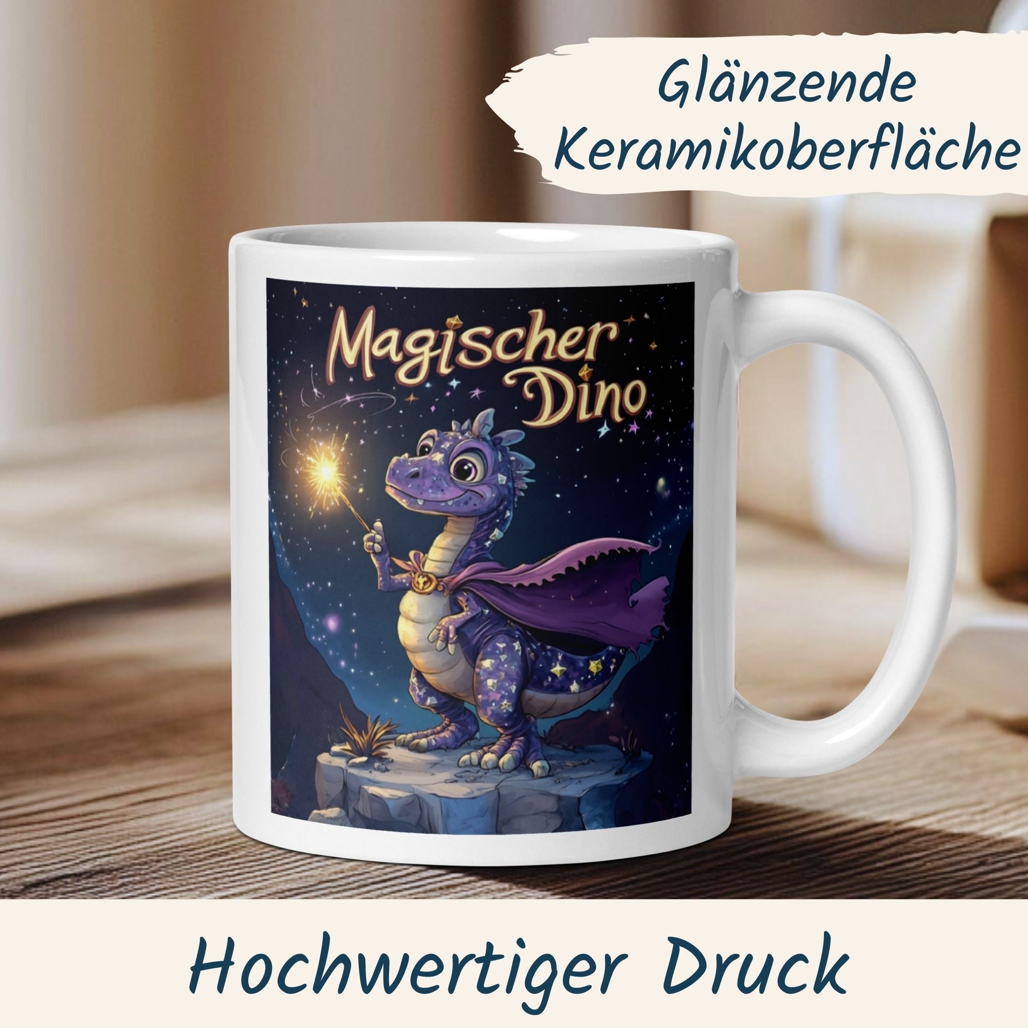 Momentals Tasse mit magischem Dino und Zauberstab, glänzende Keramikoberfläche, ideal für Kinder und Erwachsene.