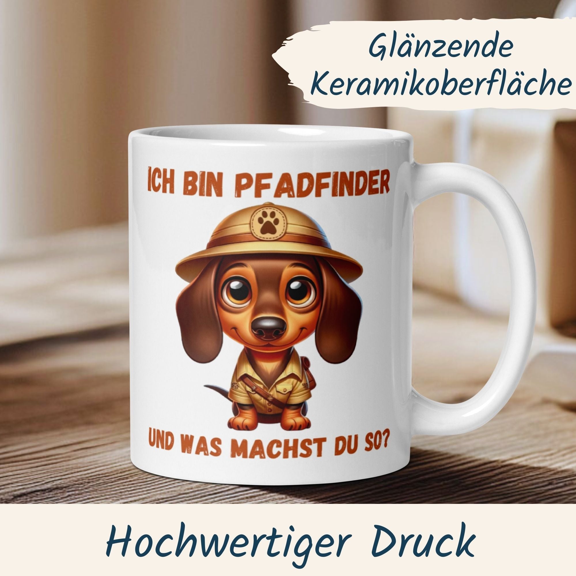 Momentals® Tasse Dackel mit Spruch "Ich bin Pfadfinder und was machst du so?" für Naturfreunde und Camper.