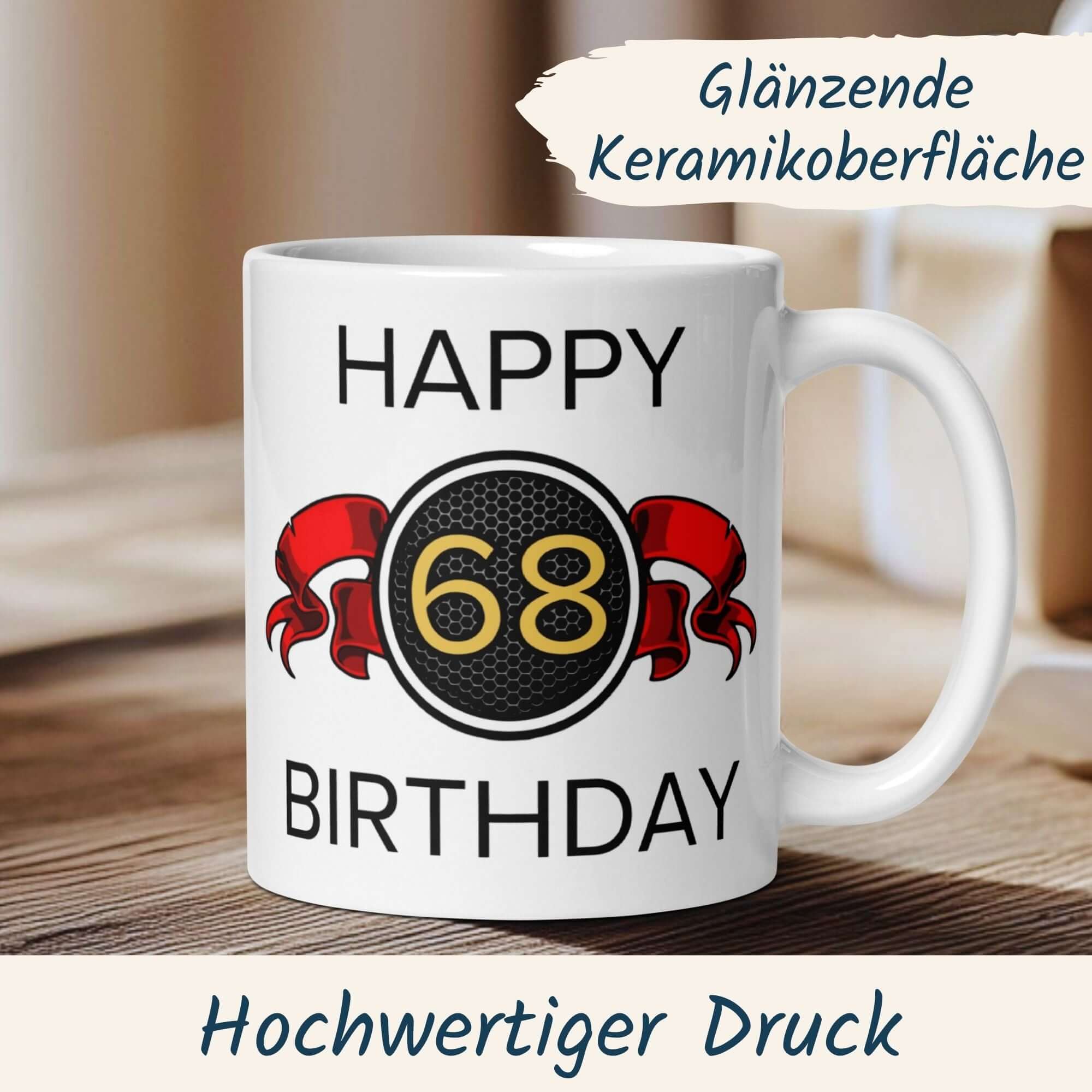 Momentals® Tasse 68. Geburtstag | Wappen & Spruch | Happy Birthday mit roter Schleife • Momentals