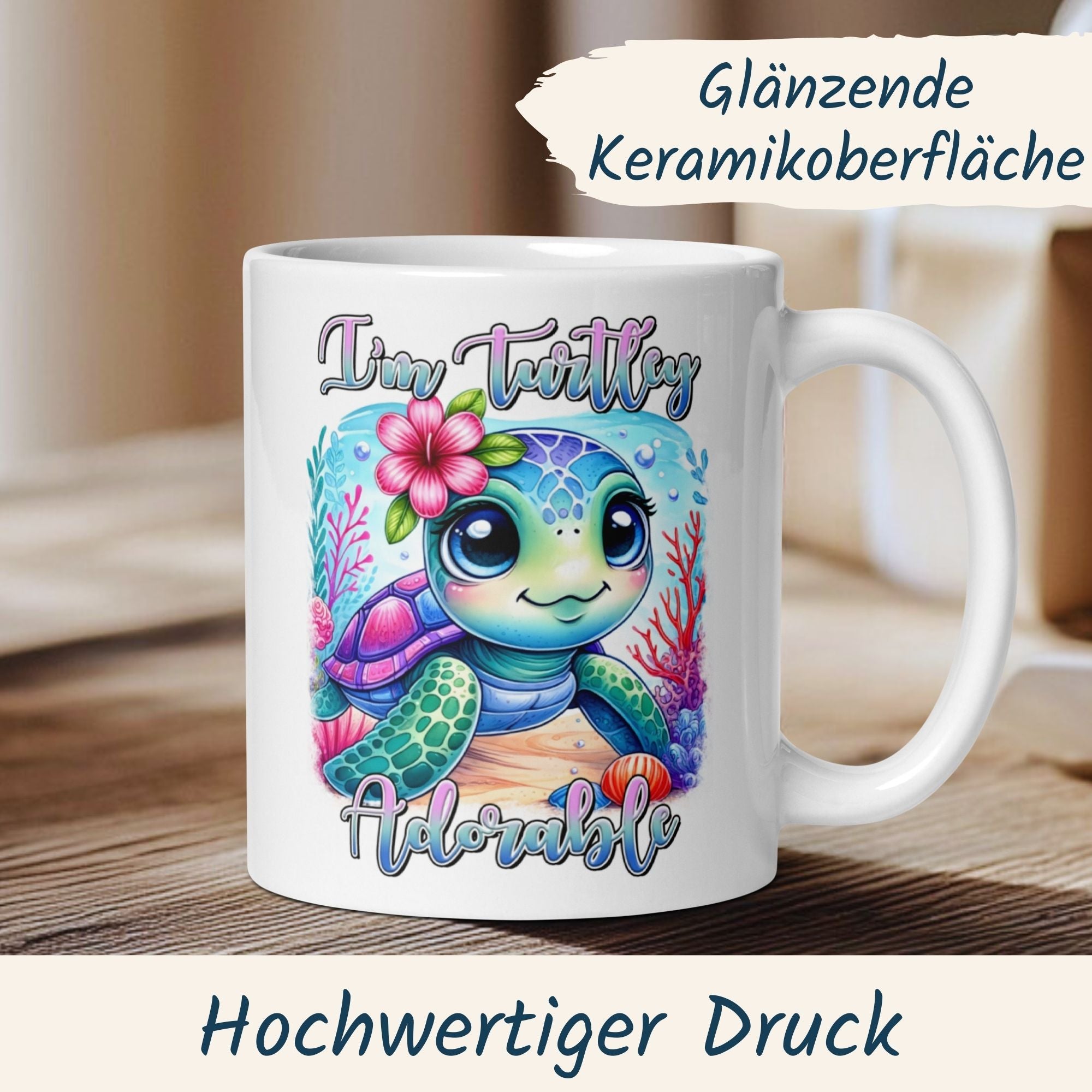 Momentals® Tasse mit Schildkröte, spruch "I'm Turtley Adorable", bunte Keramik, ideal für Tier- und Meeresfans.