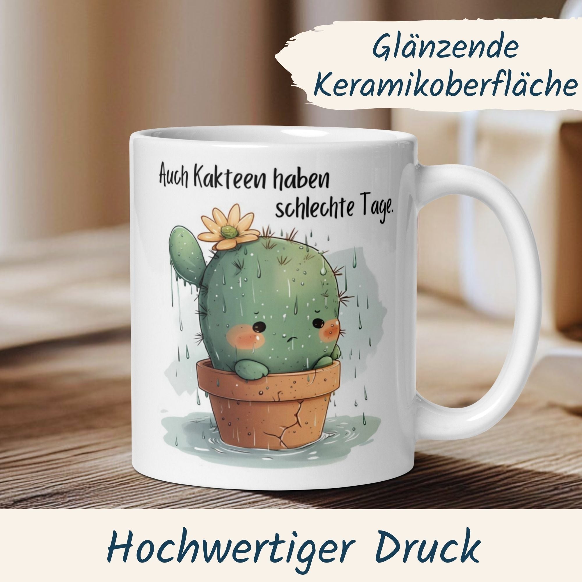 Momentals Tasse mit süßem Kaktus und Spruch 'Auch Kakteen haben schlechte Tage' für gute Laune.