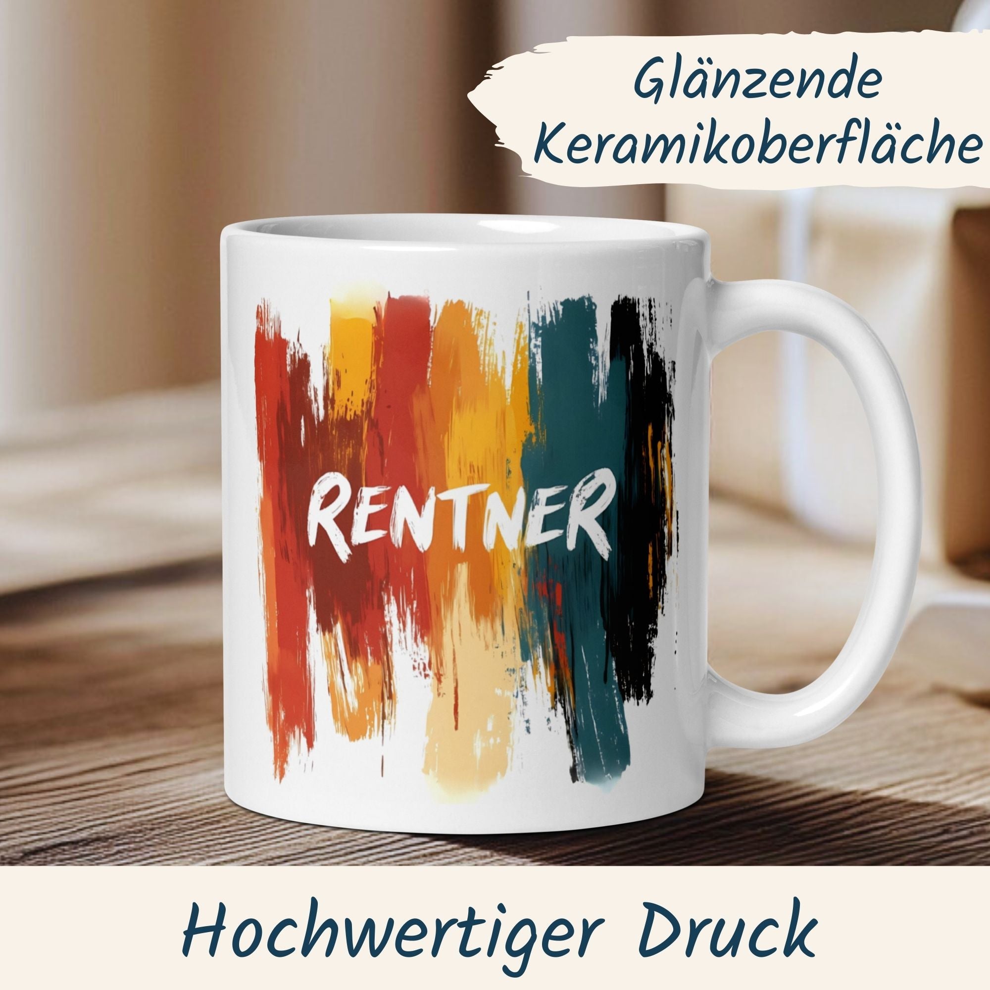Momentals Tasse Rentner mit buntem Aquarell-Design und hochwertigem Druck, perfekte Geschenkidee für Ruhestand.