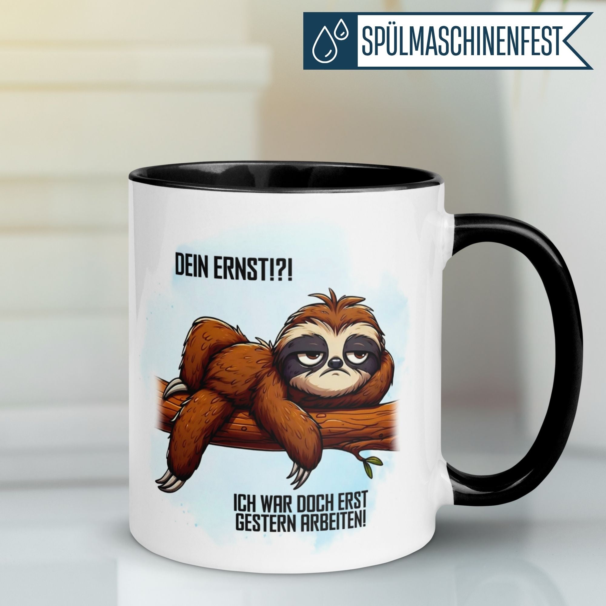 Momentals Tasse mit Faultier und Spruch "Ich war doch erst gestern arbeiten" für Morgenmuffel.