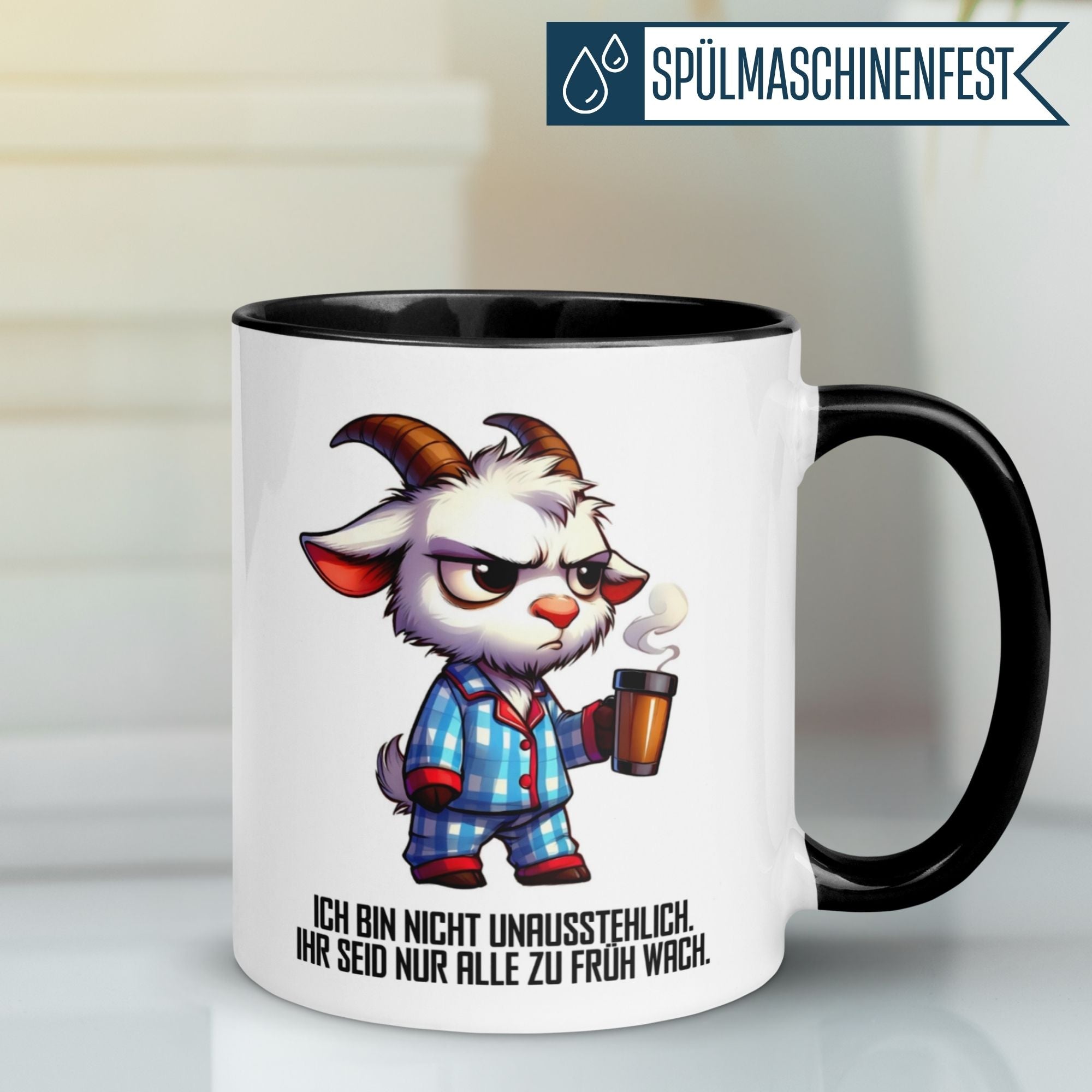 Momentals Tasse für Morgenmuffel mit witzigem Ziegenmotiv und Spruch: "Ich bin nicht unausstehlich, ihr seid nur zu früh wach."