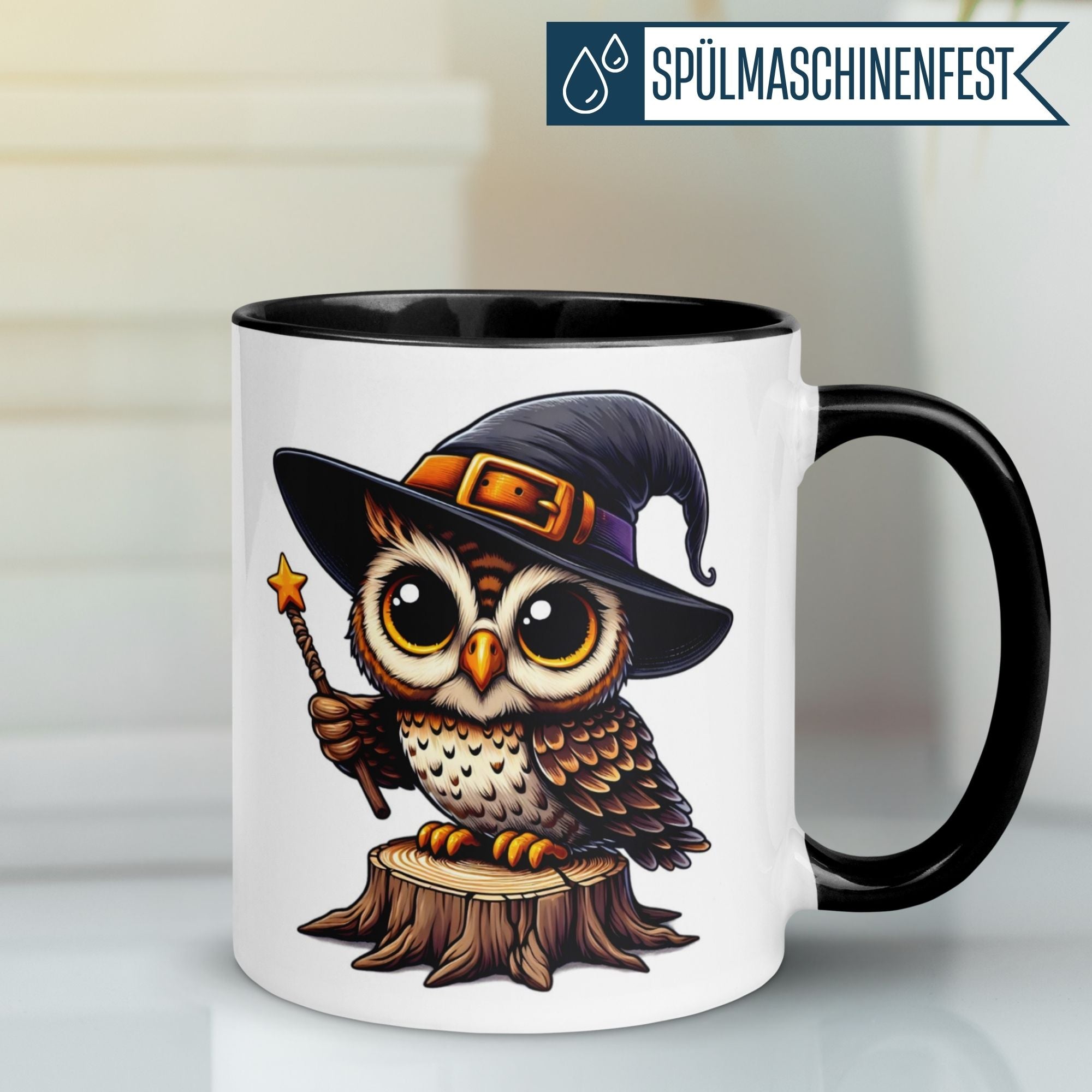 Tasse Eule – „Zauberstab“ – lustiger Eulen Geschenk Becher für Zauberer