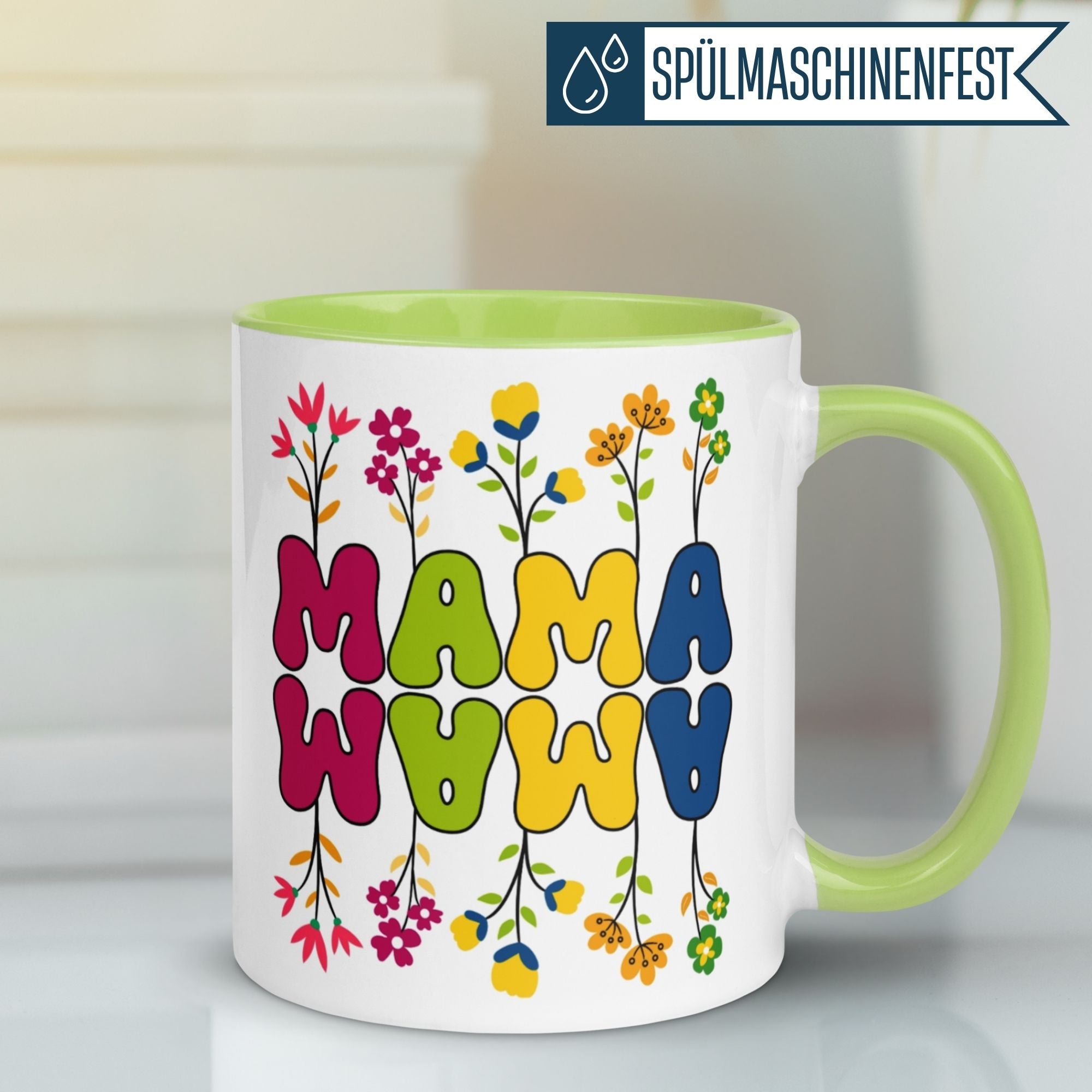 Momentals® Tasse Mama | Patchwork-Muster & Illustration | Bunte Buchstaben im Retro-Look